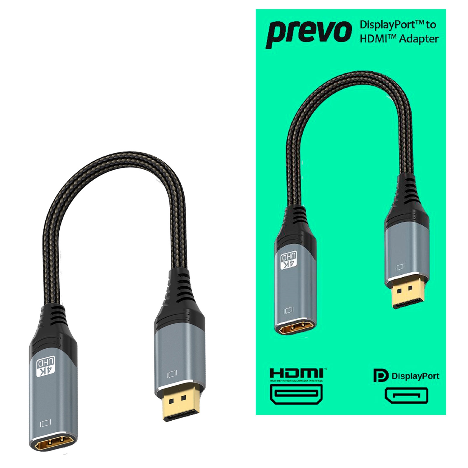 (image for) Prevo DPM-HDMIF-ADA Display Converter Adapter, DisplayPort (M) to HDMI (F), 0.2m, Black & Silver, DisplayPort 1.4 & HDMI 2.0, Supports up to 4K@60Hz, Braided Cable, Retail Box Packaging