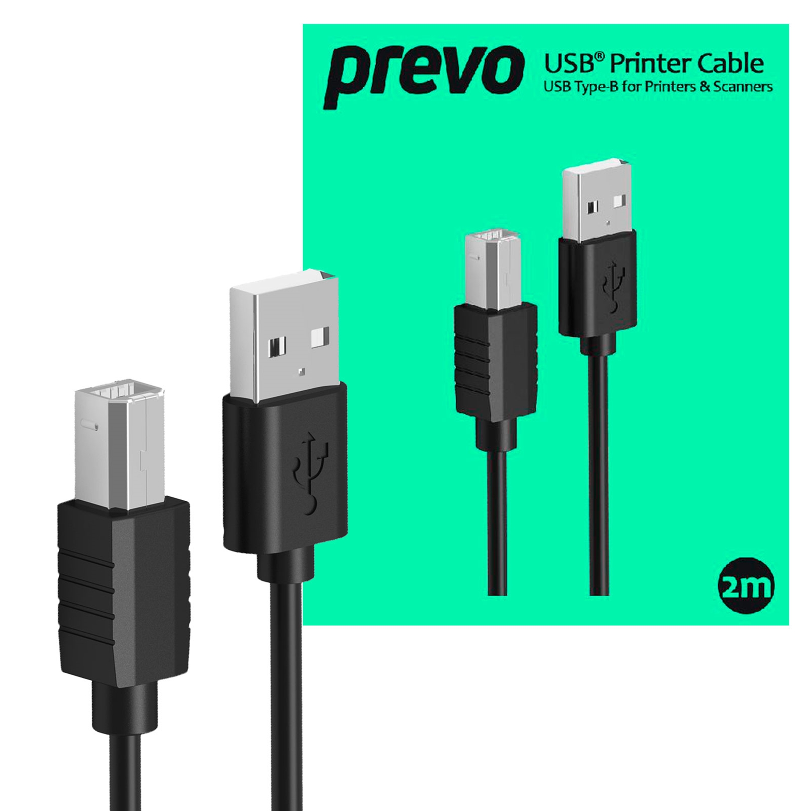 (image for) Prevo USBA-USBB-2M USB Printer Cable, USB 2.0 Type-A (M) to USB 2.0 Type-B (M), 2m, Black, 480Mbps Transmission Rate, Suitable for Printers & Scanners, Retail Box Packaging
