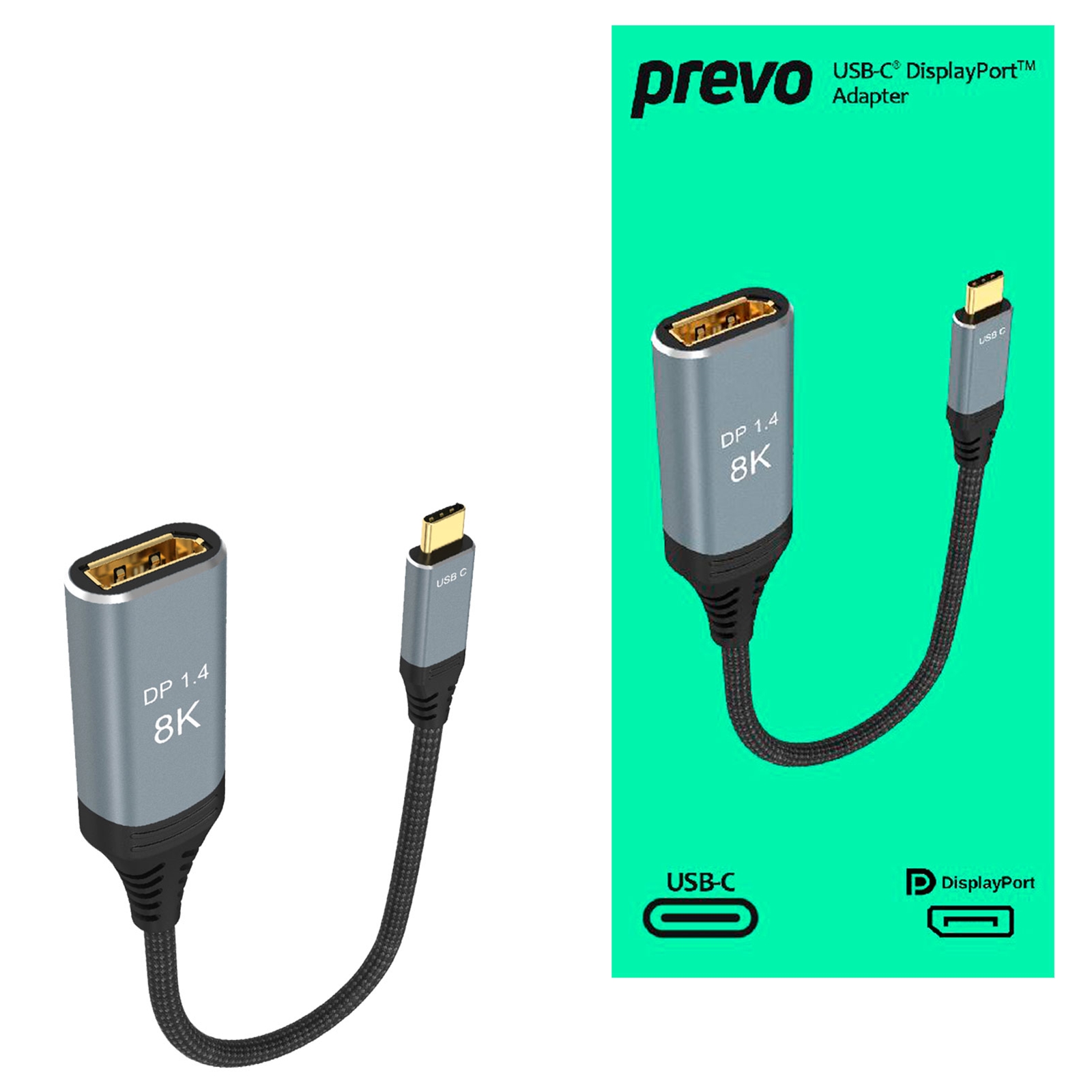 (image for) Prevo USBC-DP-ADA Display Converter Adapter, USB Type-C (M) to DisplayPort (F), 0.2m, Black & Silver, DisplayPort 1.4, Supports up to 8K@30Hz, Braided Cable, Retail Box Packaging