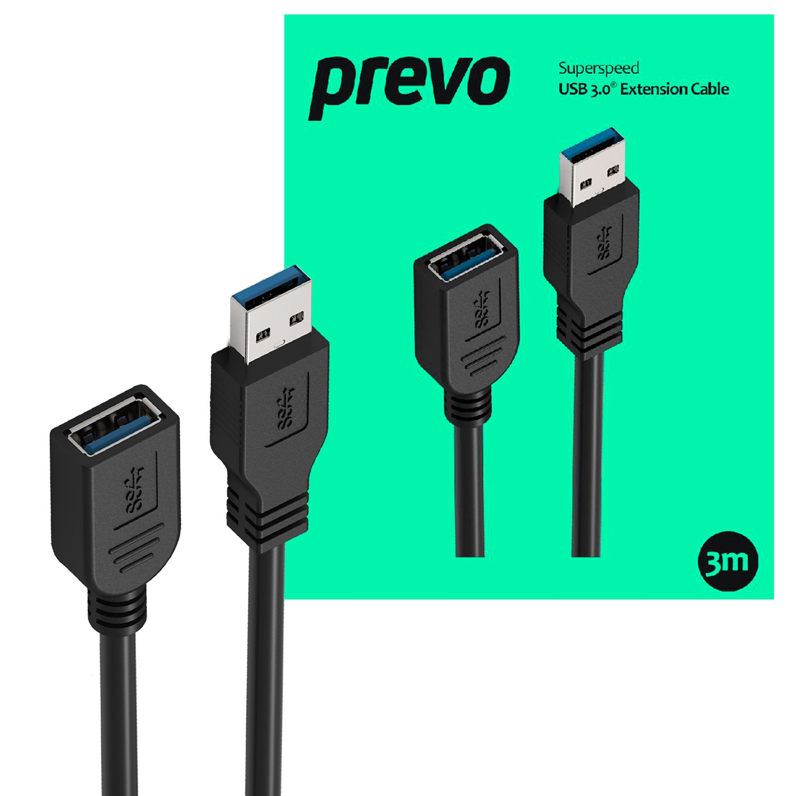 (image for) Prevo USBM-USBF-3M USB 3.0 Extension Cable, USB 3.0 Type-A (M) to USB Type-A (F), 3m, Black, Up to 5Gbps Transmission Rate, Retail Box Packaging