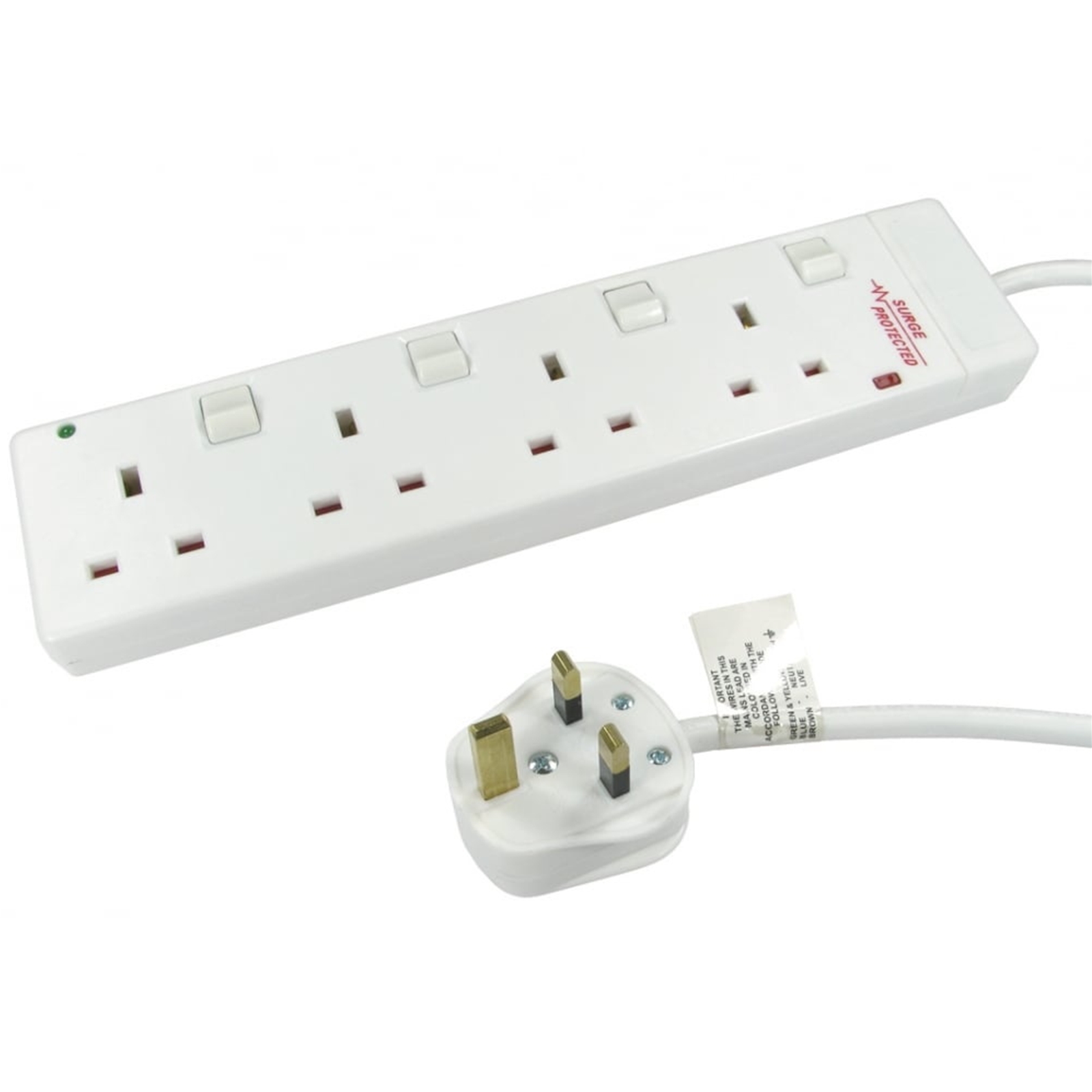 (image for) 2m 4 Gang Surge Protected LED Indicator Individually Switched UK Mains Extension - White