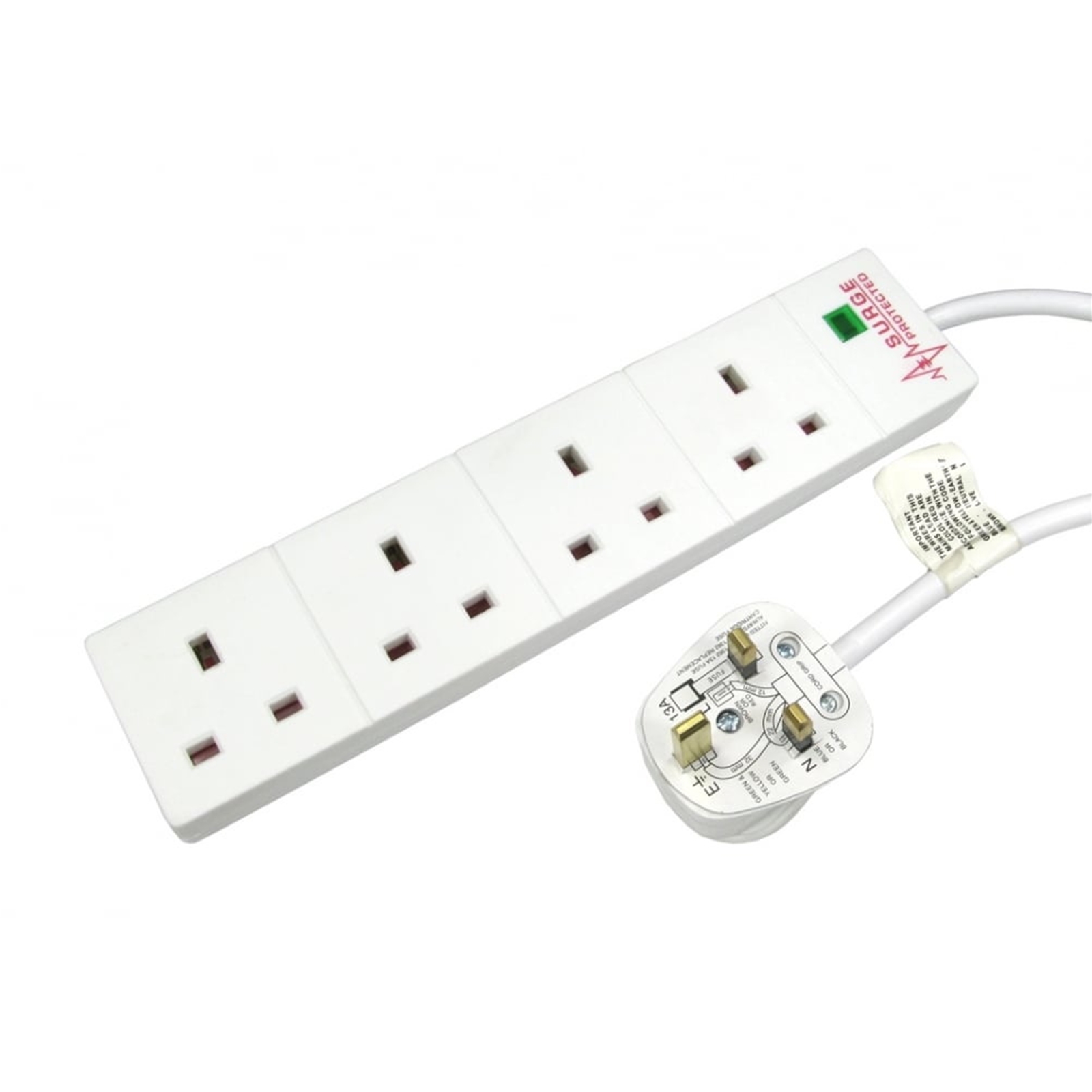 (image for) 2m 4 Gang Surge Protected LED Indicator UK Mains Extension - White