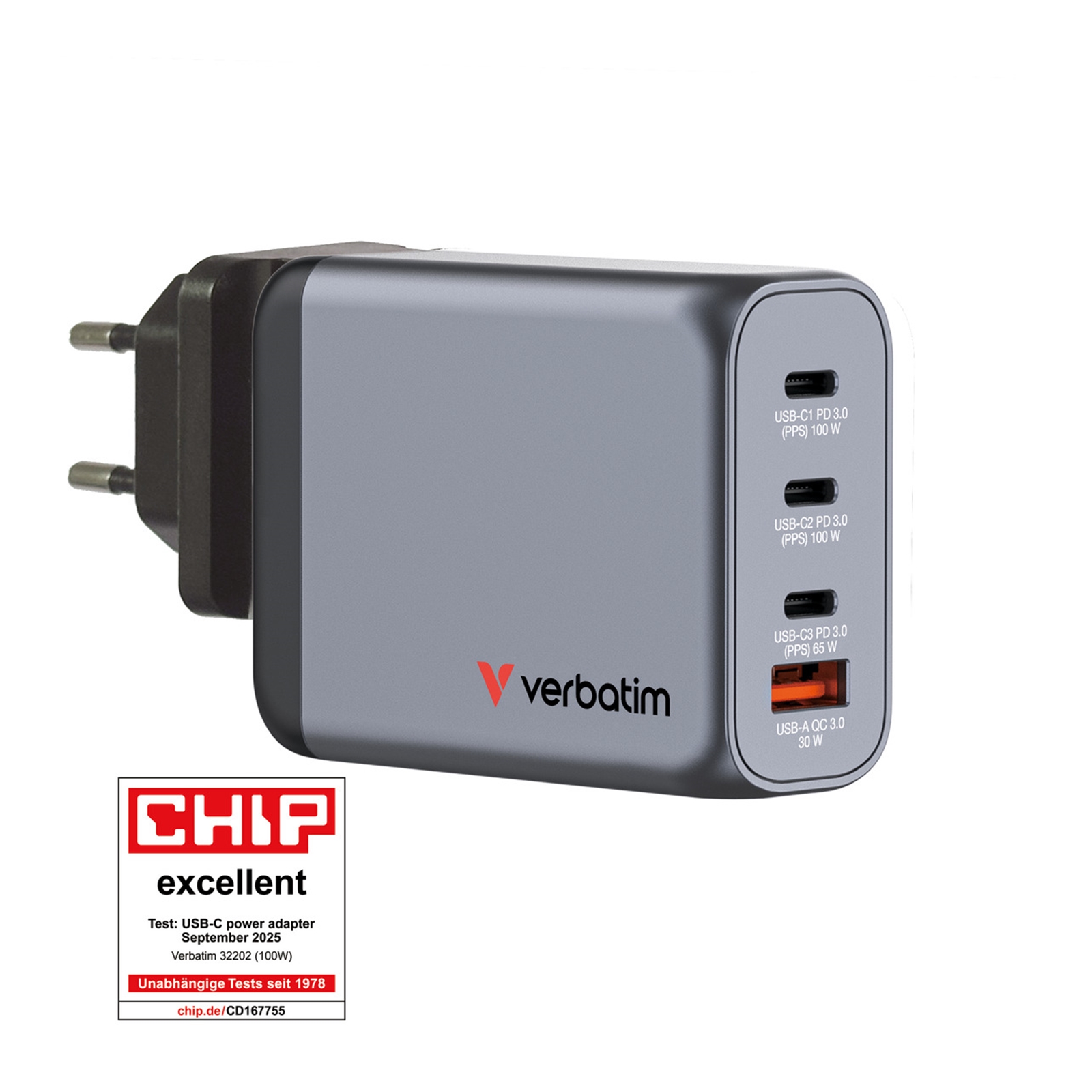 (image for) Verbatim (32202) GNC-100 GaN Charger 100W with 2 x USB-C PD 100W / 1 x USB-C PD 65W / 1 x USB-A QC 3.0 (EU/UK/US)