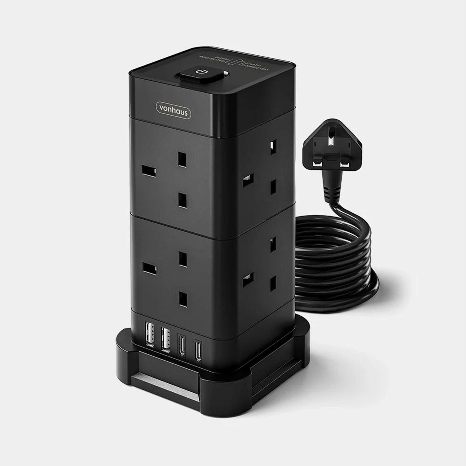 VonHaus Tower Extension Lead with USB, Power Surge Protection 2M Cable Black, 8 x UK Mains Sockets, Three-Pin 13A Plugs, Arranged Vertically With 2 Sockets On Each Of The 4 Sides