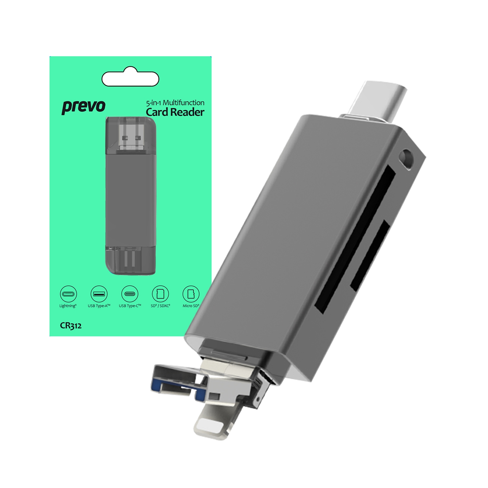 (image for) Prevo CR312 USB 2.0, USB Type-C and Lightning Connection, Card Reader, High-speed Memory Card Adapter Supports SD/Micro SD/TF/SDHC/SDXC/MMC, Compatible with Windows, Mac OS and Android, Black