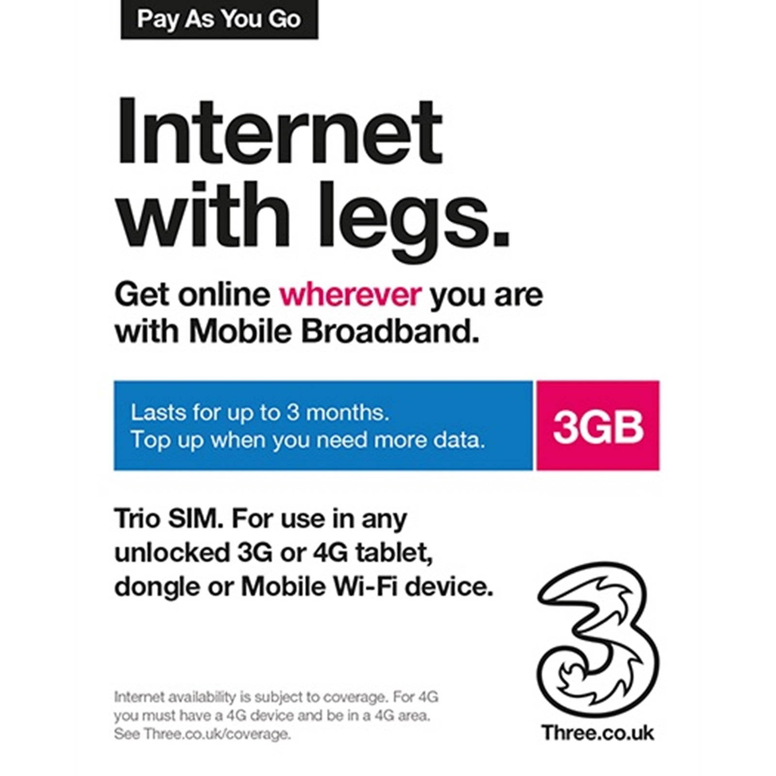 (image for) Three 3G 4G & 5G-Ready 3GB Prepaid Mobile Broadband Trio SIM Card