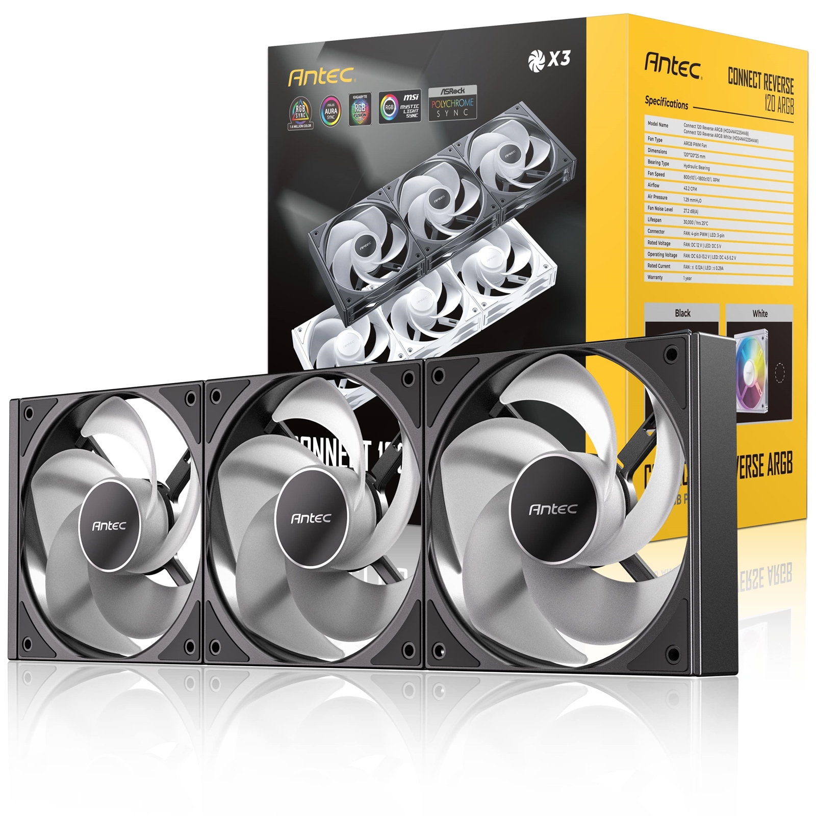 (image for) Antec Connect 120 ARGB Reverse 3-Pack 120mm PWM Fans with Daisy Chain Design and Vibration-Absorbing Pads