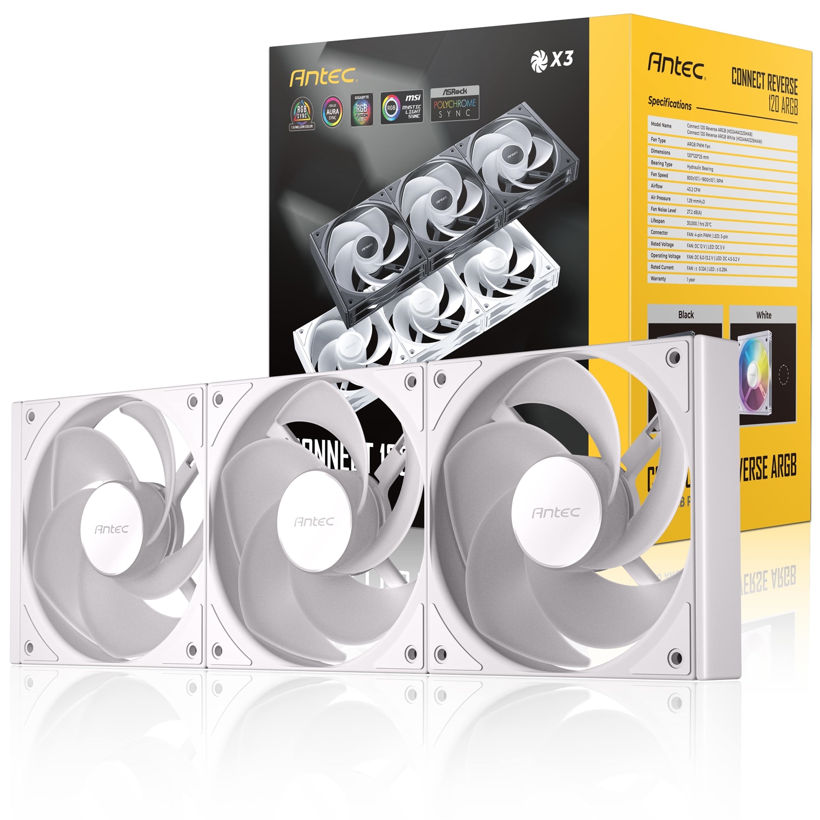 (image for) Antec Connect 120 ARGB White Reverse 3-Pack 120mm PWM Fans with Daisy Chain Design and Vibration-Absorbing Pads