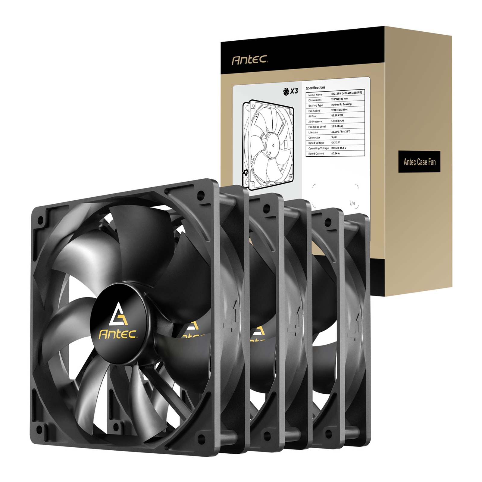 (image for) Antec N12 120mm Case Fan, 3 Pack, Hydraulic Bearing, 1200 RPM, Black
