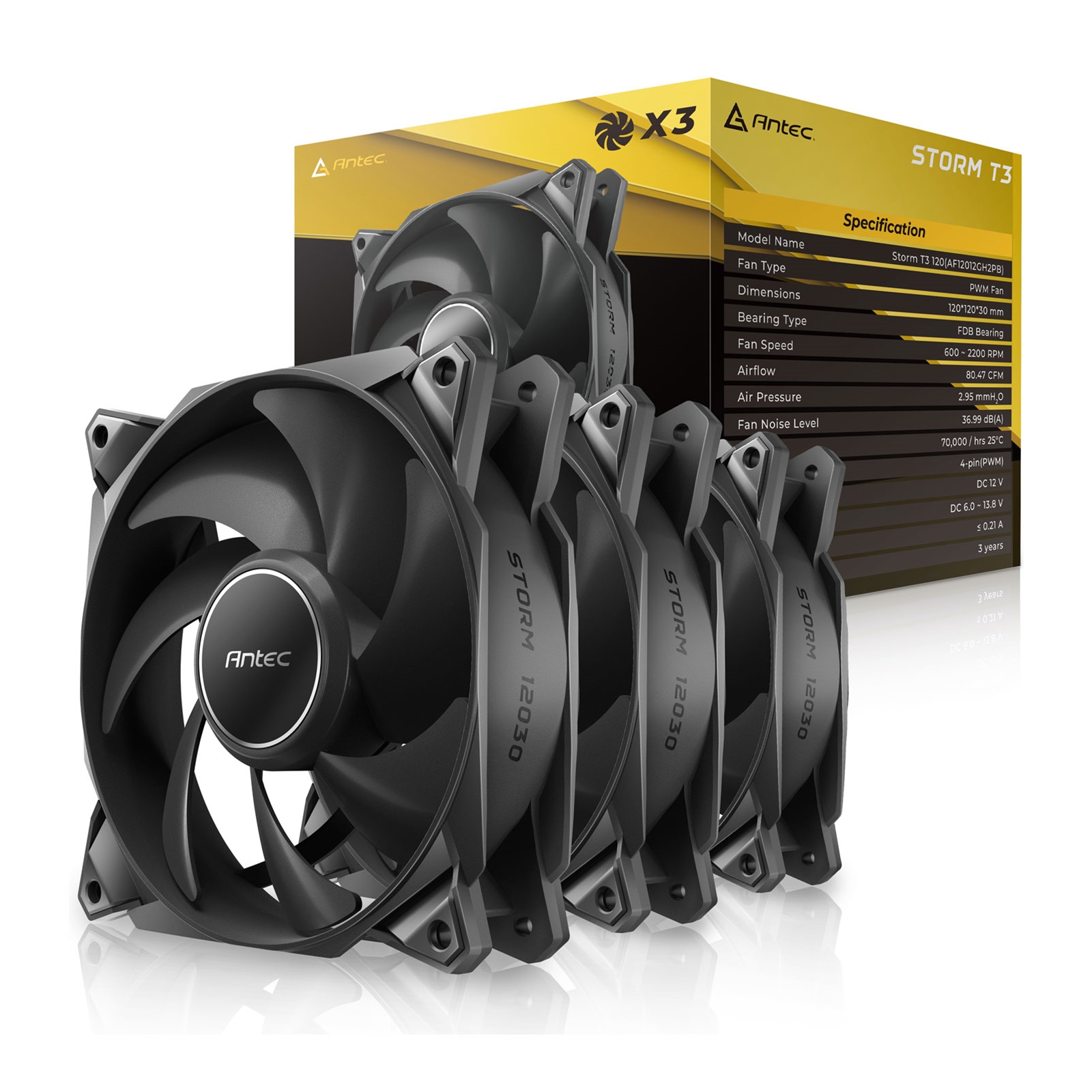 (image for) Antec Storm T3 120mm PWM Case Fan, 3 Pack, Fluid Dynamic Bearing, 600-2200 RPM, Black