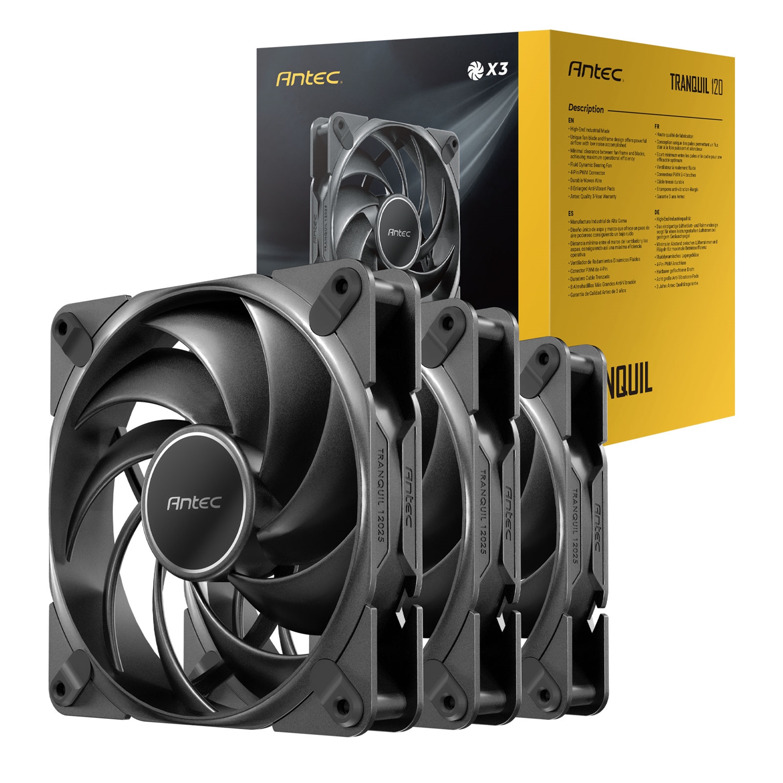(image for) Antec Tranquil 120 PWM Case Fan (3-Pack) - Fluid Dynamic Bearing, 400-2000 RPM, Black