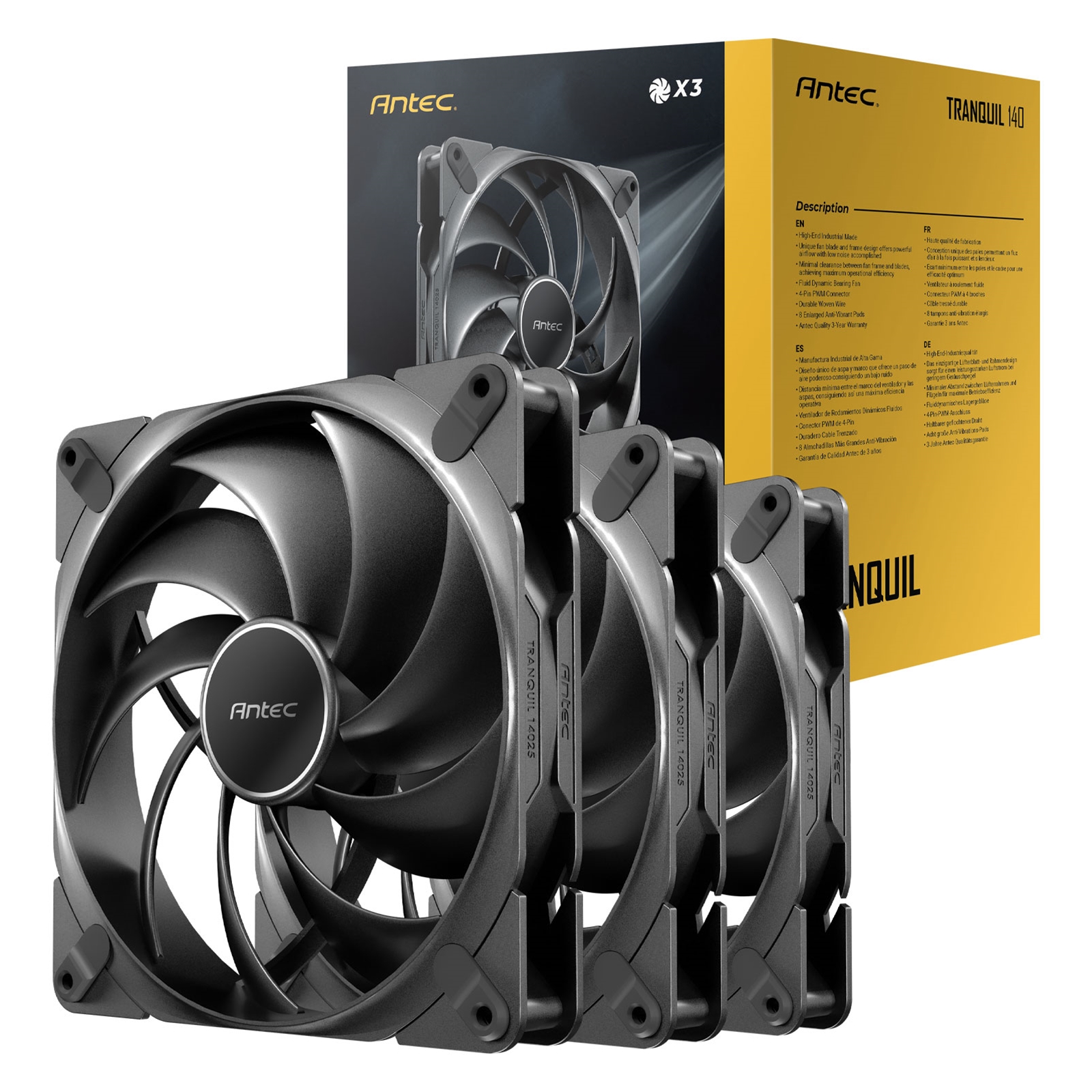 (image for) Antec Tranquil 140 PWM Case Fan, 3 Pack, Fluid Dynamic Bearing, 450-1500 RPM, Black