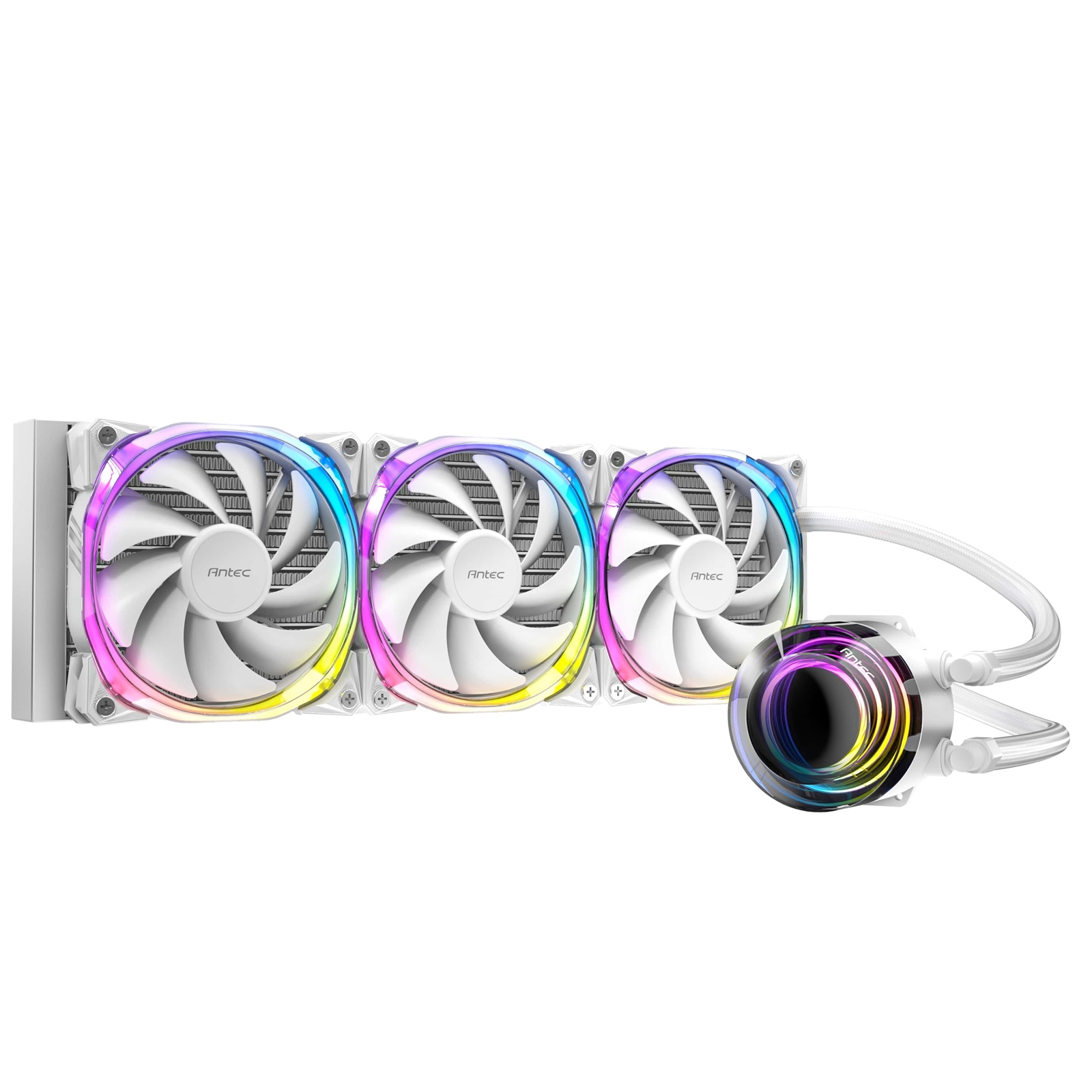 (image for) ANTEC Vortex 360 ARGB AiO Liquid CPU Cooler, White, Universal Socket, 360mm Radiator, PWM 2000RPM Fusion ARGB Cooling Fans, Addressable RGB LED Lighting with Suspended Spiral Pump Head Design