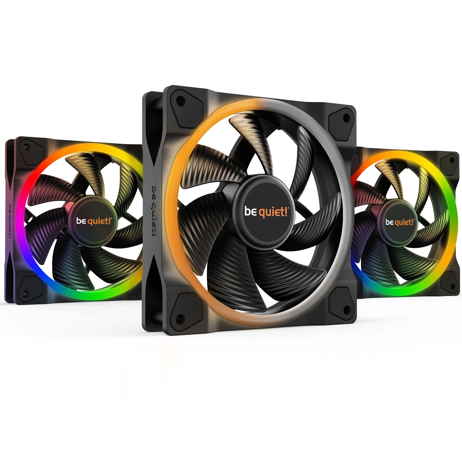 (image for) be quiet! Light Wings PWM Addressable RGB Fan Pack, 120mm, 1700RPM, 4-Pin PWM Fan & 3-Pin ARGB Connectors, Black Frame, Black Blades, ARGB Lighting on Front & Rear, Addressable RGB Hub Included