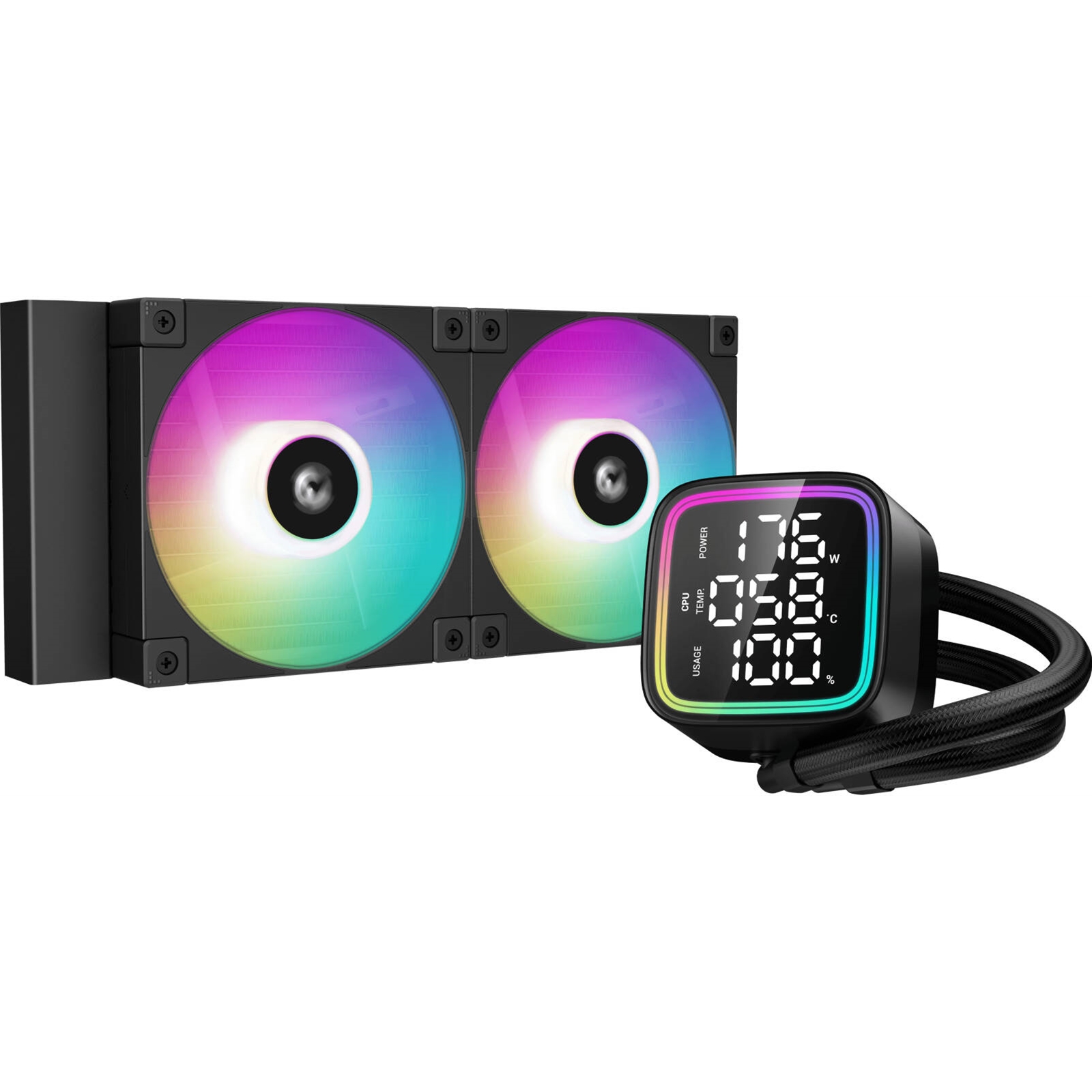 (image for) DeepCool LD 240 AIO Liquid CPU Cooler, Universal Socket, 240mm Radiator, PWM 2400RPM Cooling Fans, Addressable RGB LED Lighting, Fully Customizable Infinity Mirror Cap Design, Digital Display,