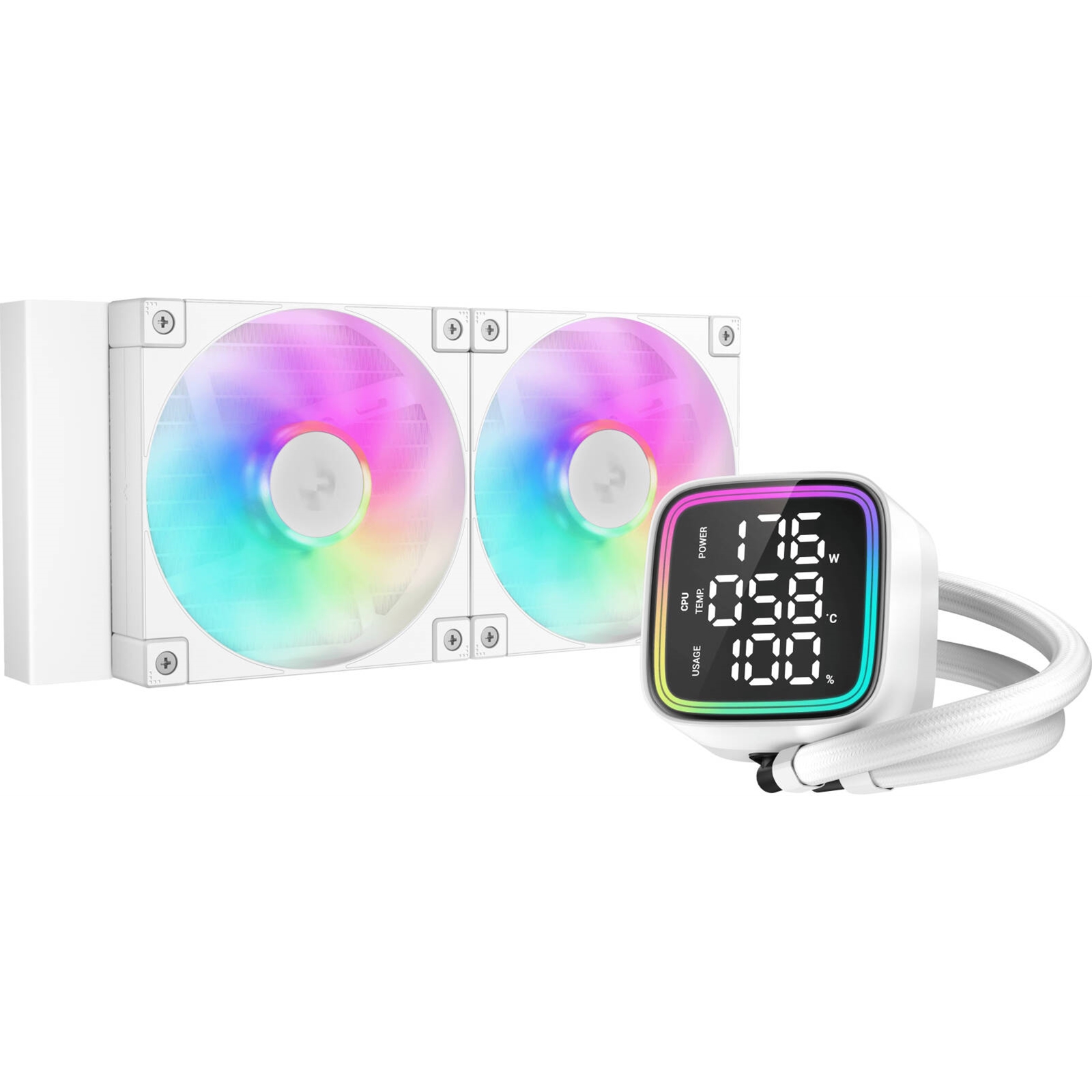 (image for) DeepCool LD 240 AIO Liquid CPU Cooler, White, Universal Socket, 240mm Radiator, PWM 2400RPM Cooling Fans, Addressable RGB LED Lighting, Fully Customizable Infinity Mirror Cap Design, Digital Display,