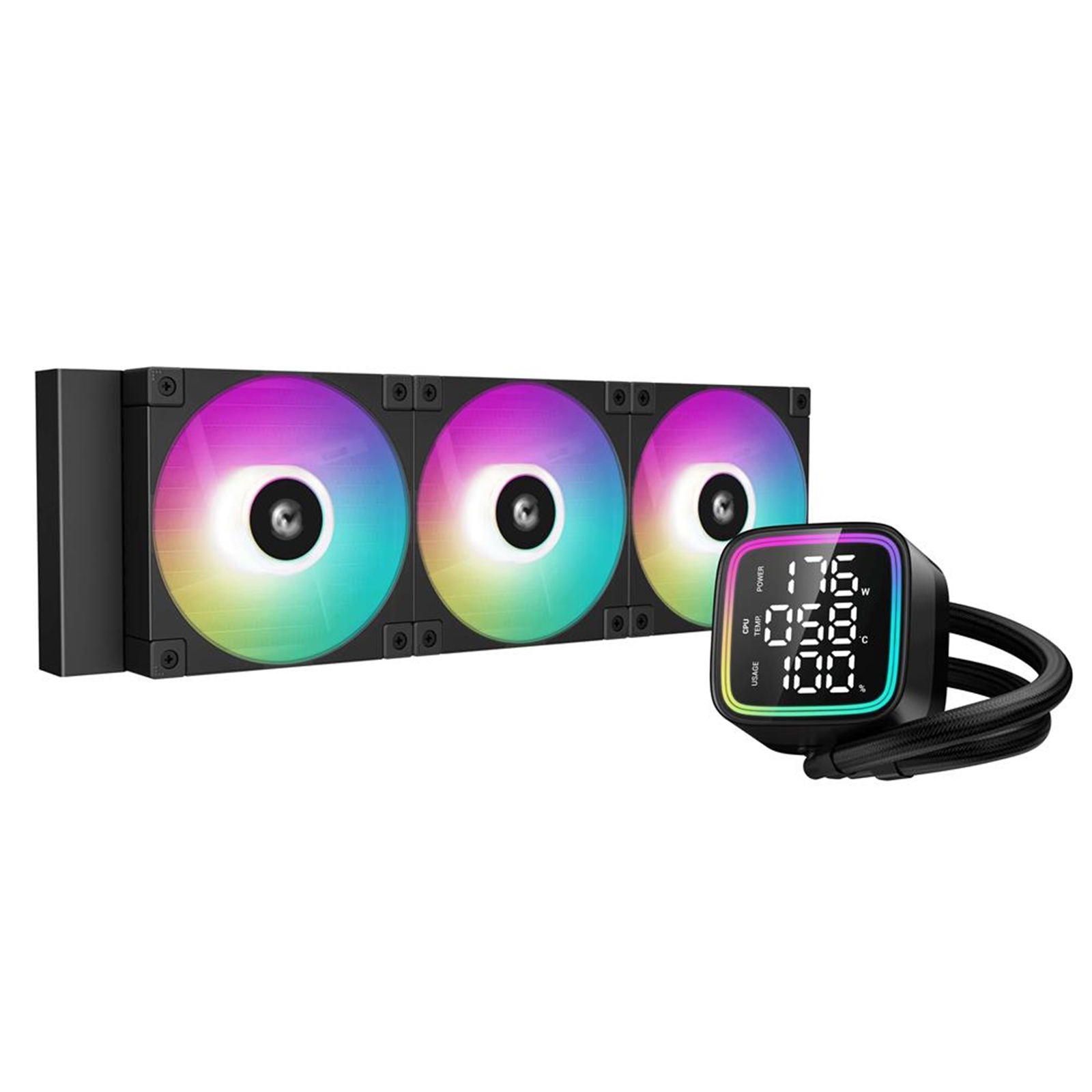 (image for) DeepCool LD 360 AIO Liquid CPU Cooler, Universal Socket, 360mm Radiator, PWM 2400RPM Cooling Fans, Addressable RGB LED Lighting, Fully Customizable Infinity Mirror Cap Design, Digital Display,