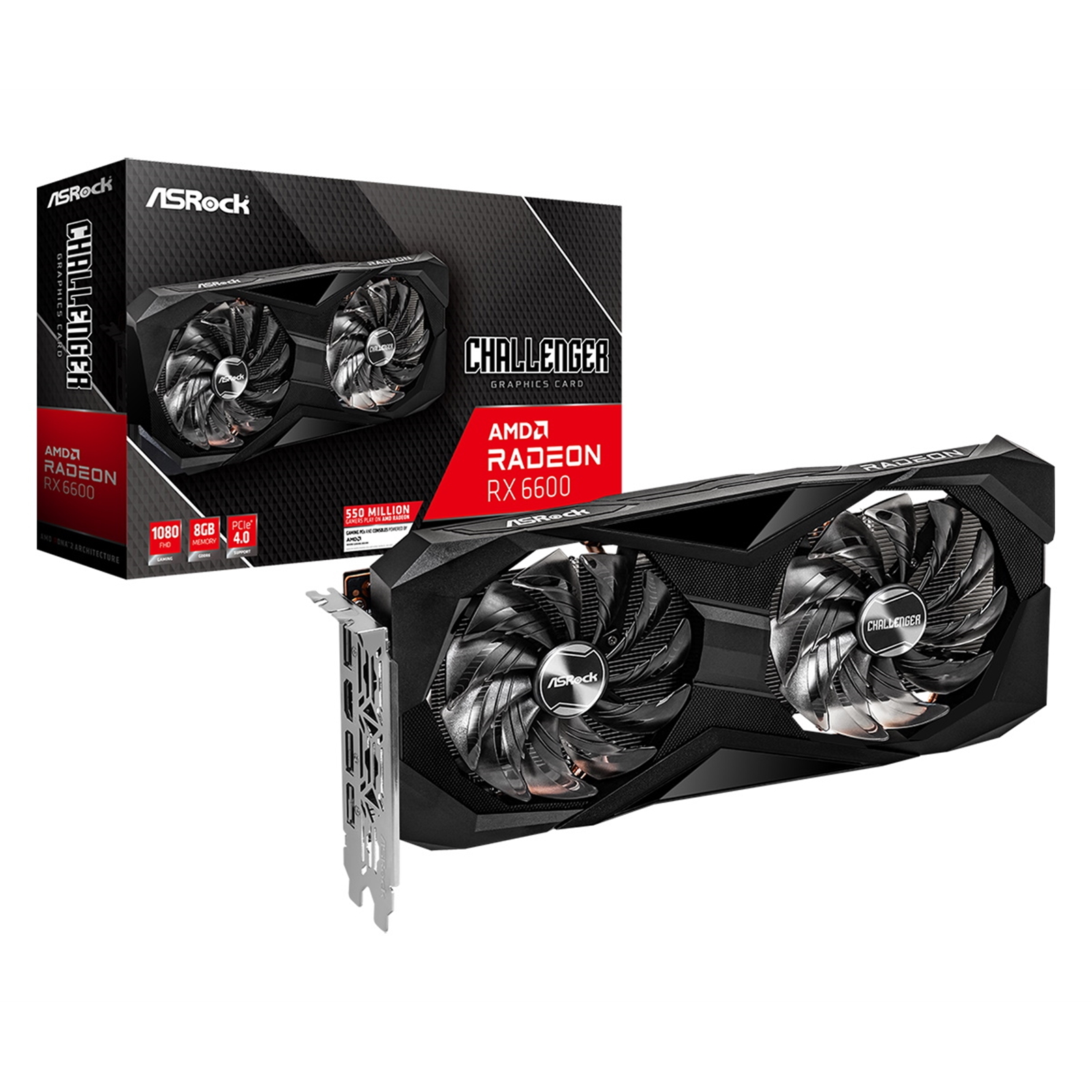 (image for) ASRock AMD Radeon RX 6600 Challenger D 8GB Graphics Card, 8GB GDDR6, 1792 Streams, 2491 MHz Boost Clock, Dual Fan, 3x DisplayPorts / 1x HDMI Port