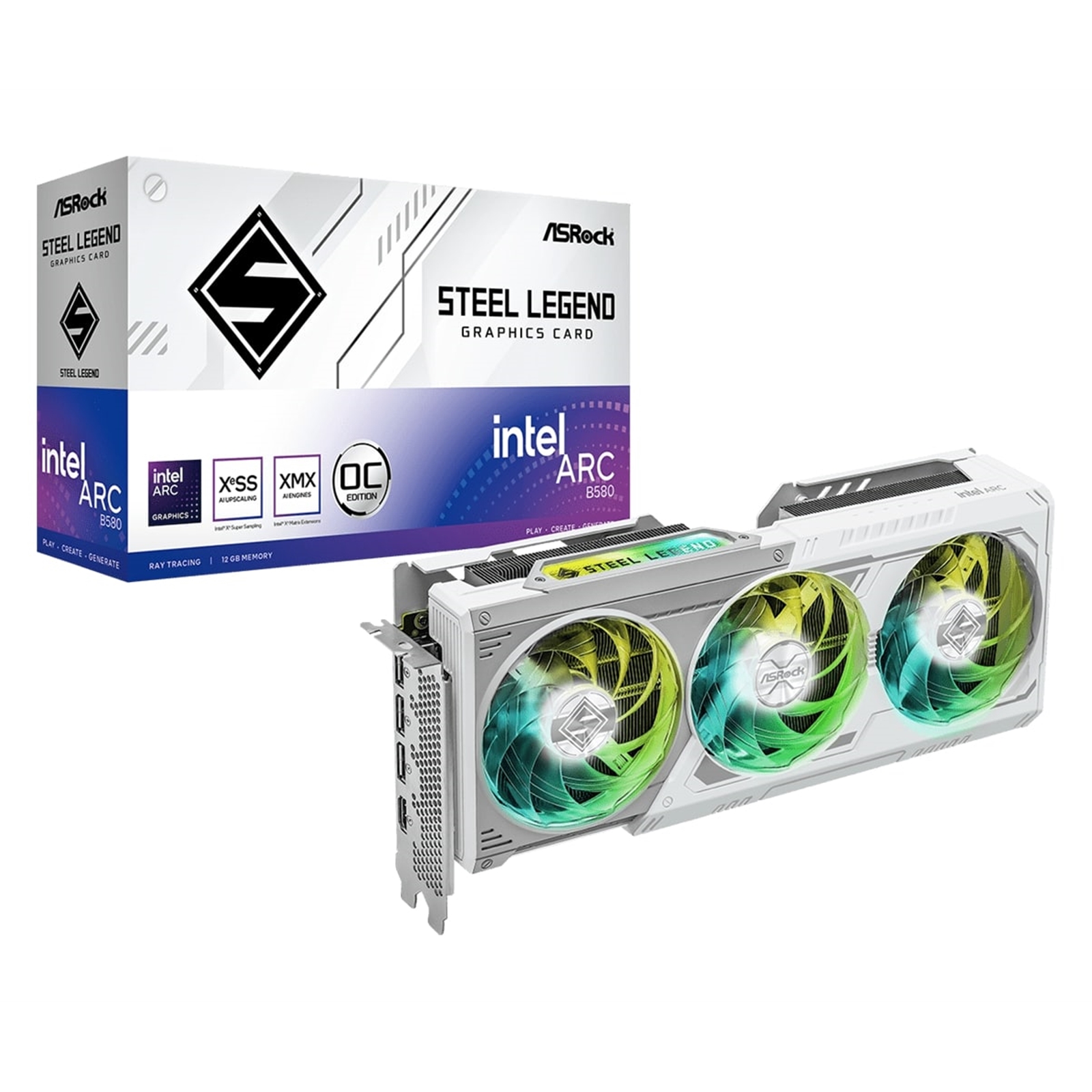 (image for) ASRock Intel Arc B580 Steel Legend 12GB OC Graphics Card, 12GB GDDR6, 2800 MHz Base Clock, Dual Fan, White, RGB, 3x DisplayPorts / 1x HDMI Port