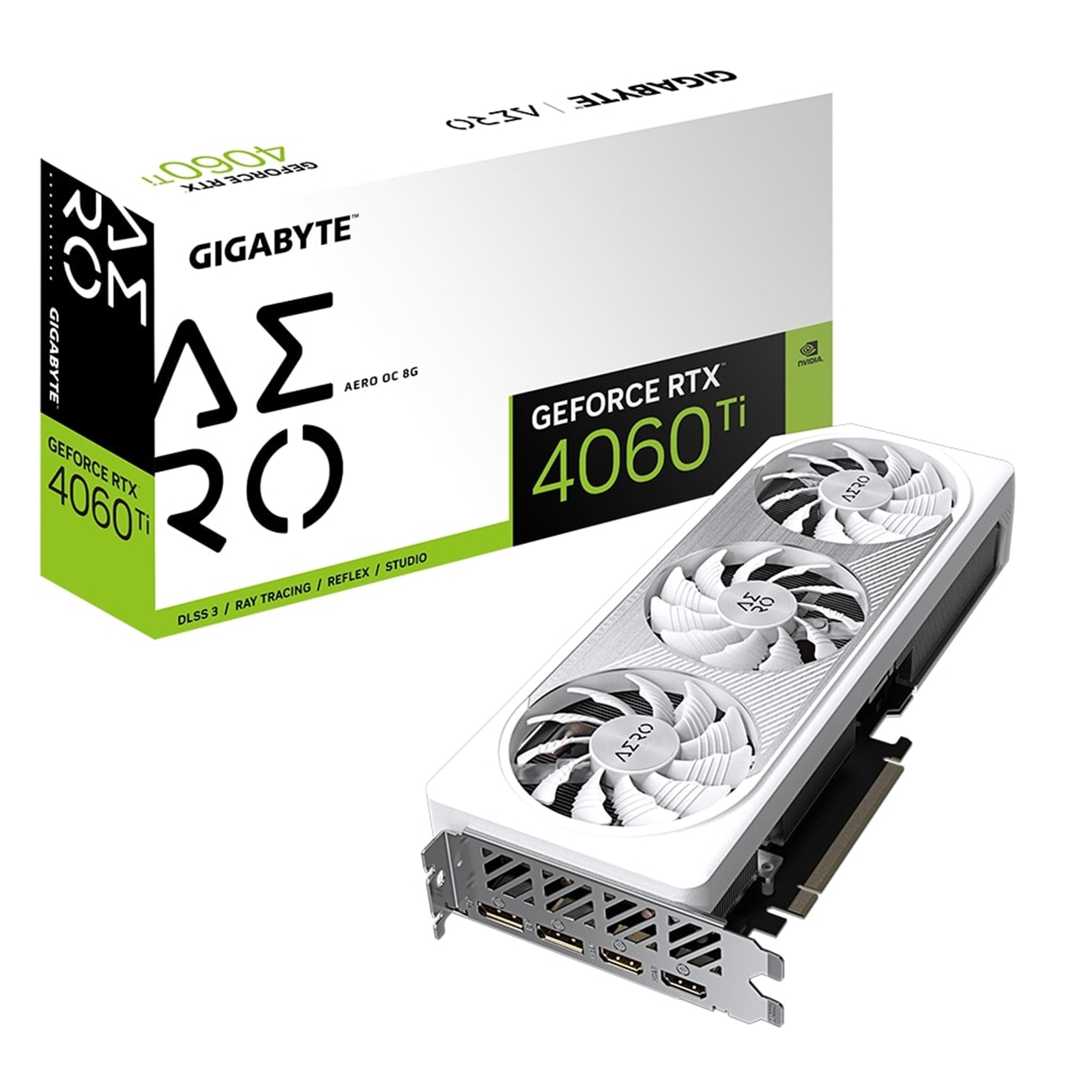 (image for) Gigabyte NVIDIA GeForce RTX 4060 Ti AERO OC 8G Graphics Card, 8GB GDDR6, 4352 CUDA Cores, 2580 MHz Core Clock, Triple Fan, White, RGB, 2x DisplayPorts / 2x HDMI Ports