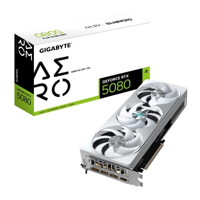 Gigabyte NVIDIA GeForce RTX 5080 AERO OC SFF 16GB GDDR7 Graphics Card, 10752 CUDA Cores, 2730 MHz Core Clock, Triple Fan, White, RGB, 3x DisplayPorts / 1x HDMI Ports