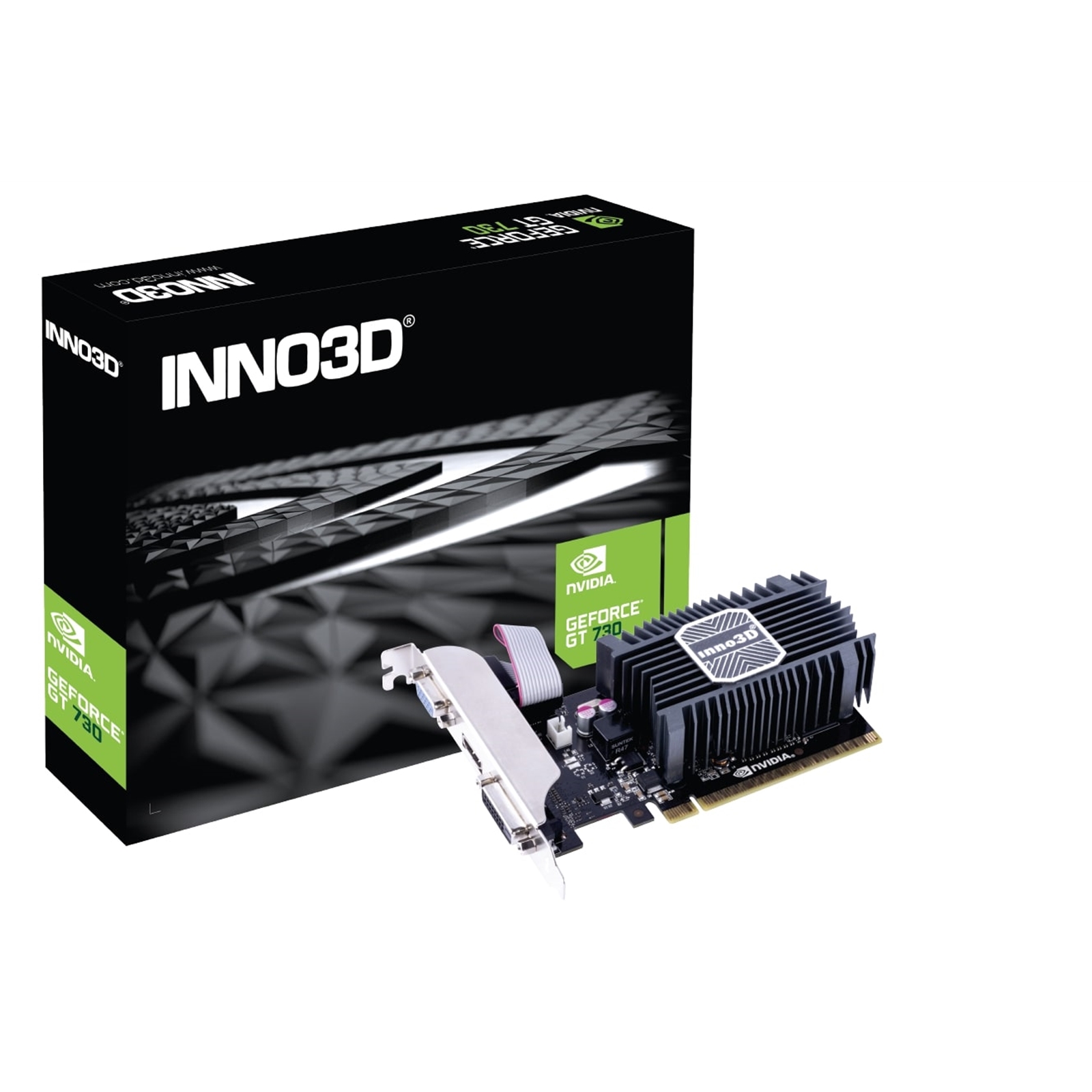 (image for) Inno3D NVIDIA GeForce GT 730 2GB SDDR3 LP Graphics Card, 2GB SDDR3, 384 CUDA Cores, 902 MHz Base Clock, Passive Cooling, 1x DVI-D / 1x HDMI Port / 1x VGA