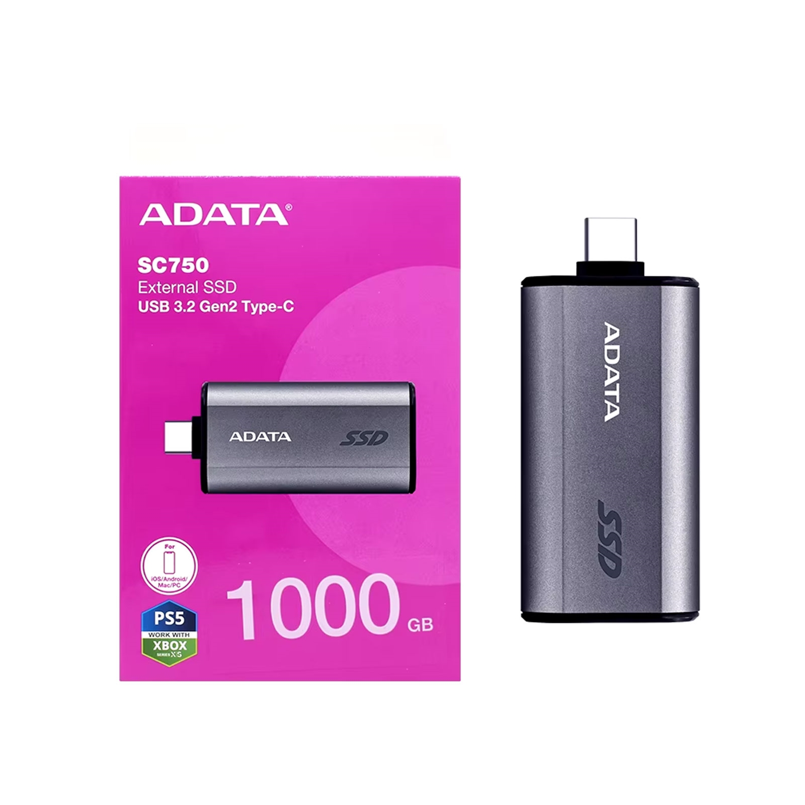 (image for) ADATA SC750 1TB USB-C Portable SSD USB 3.2 Gen 2 Up to 1000 MB/s Black Titanium Compatible with Windows, iOS, Android, PlayStation, XBox & Handheld Consoles