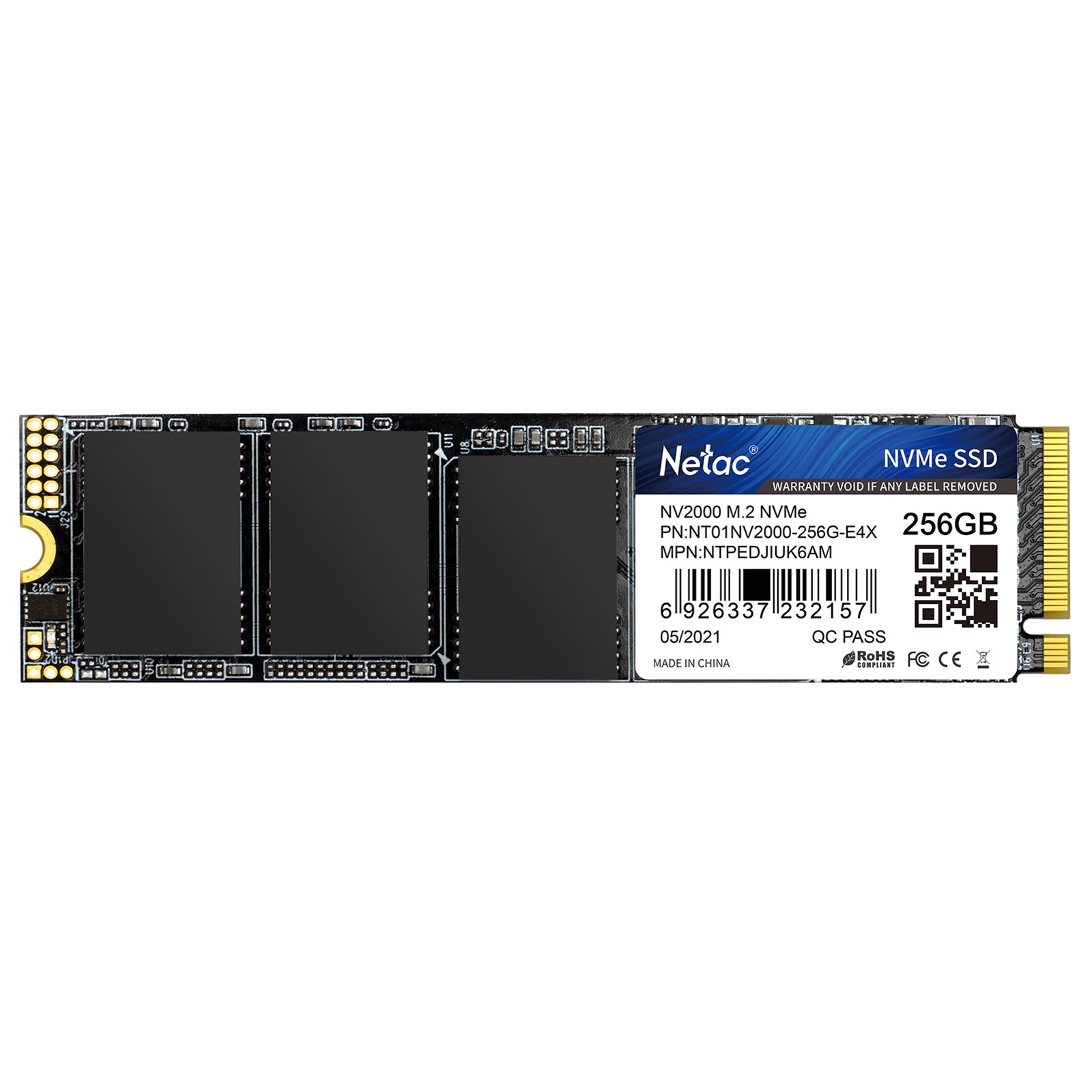 (image for) NETAC NV2000 (NT01NV2000-256-E4X) 256GB NVMe SSD, M.2 Interface, PCIe Gen3, 2280 SSD, Read 2500MB/s, Write 1000MB/s, 5 Year Warranty