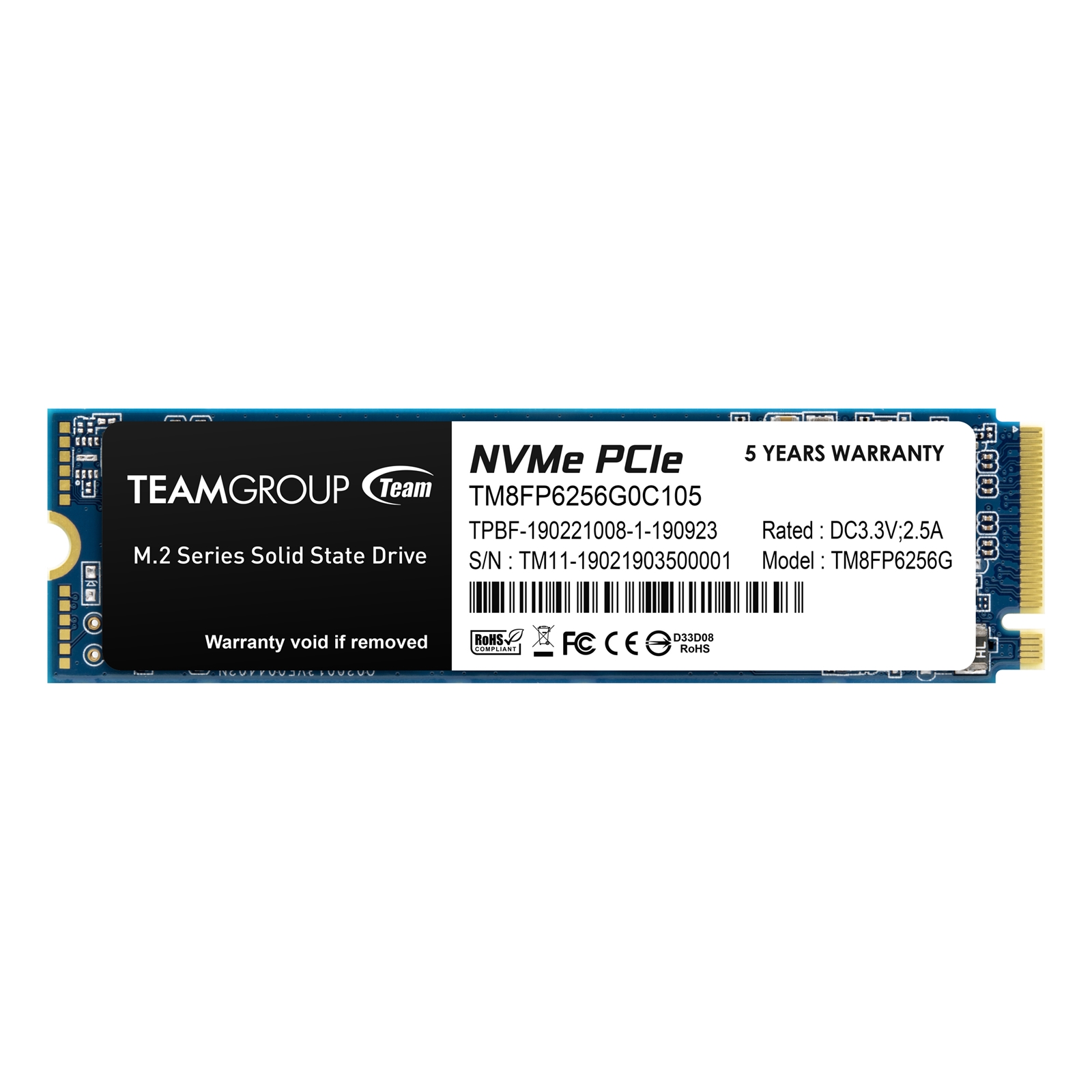 (image for) Team MP33 (TM8FP6256G0C101) 256GB NVMe M.2 Interface, PCIe Gen3, 2280, Read 1600MB/s, Write 1000MB/s, 3 Year Warranty