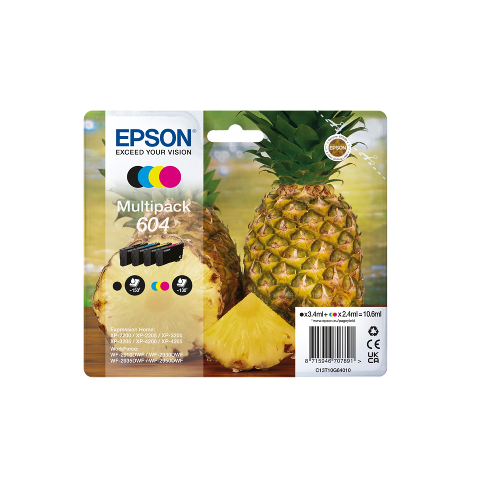 (image for) Epson 604 Multipack - Full Set of 4 Ink Cartridges - Pineapple (Original) C13T10G64010 Value Pack CMY (130 Pages) K (150 Pages)