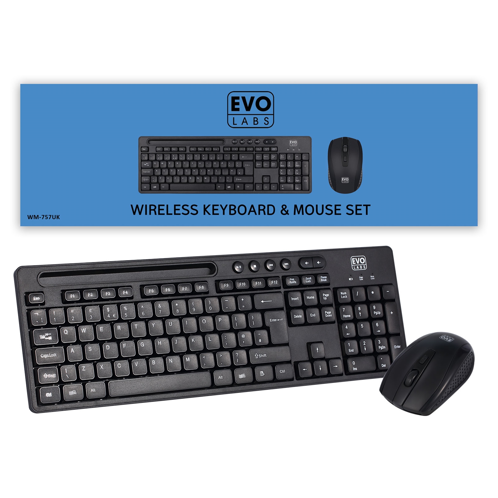 (image for) Evo Labs WM-757UK Wireless Keyboard and Mouse Combo Set, With Integrated Tablet/ Mobile/ Smartphone Stand, 2.4GHz Full Size Qwerty UK Layout Keyboard with Wireless Mouse, Ideal for Home/Office, Black