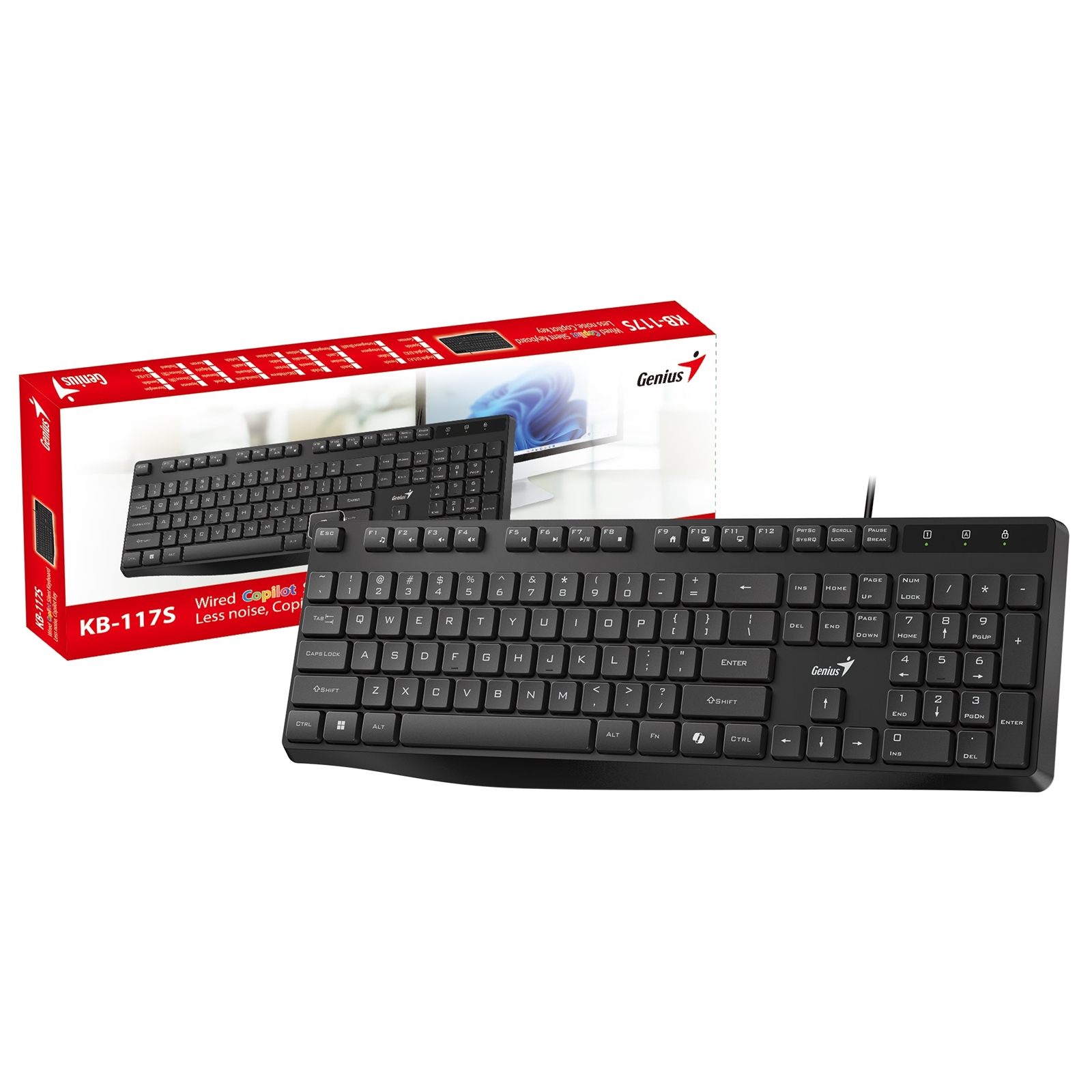 (image for) Genius KB-117S Wired AI Copilot Silent Keyboard, USB Plug and Play, 11 Multimedia Function Keys, Full Size UK Layout Design for Home or Office, Black
