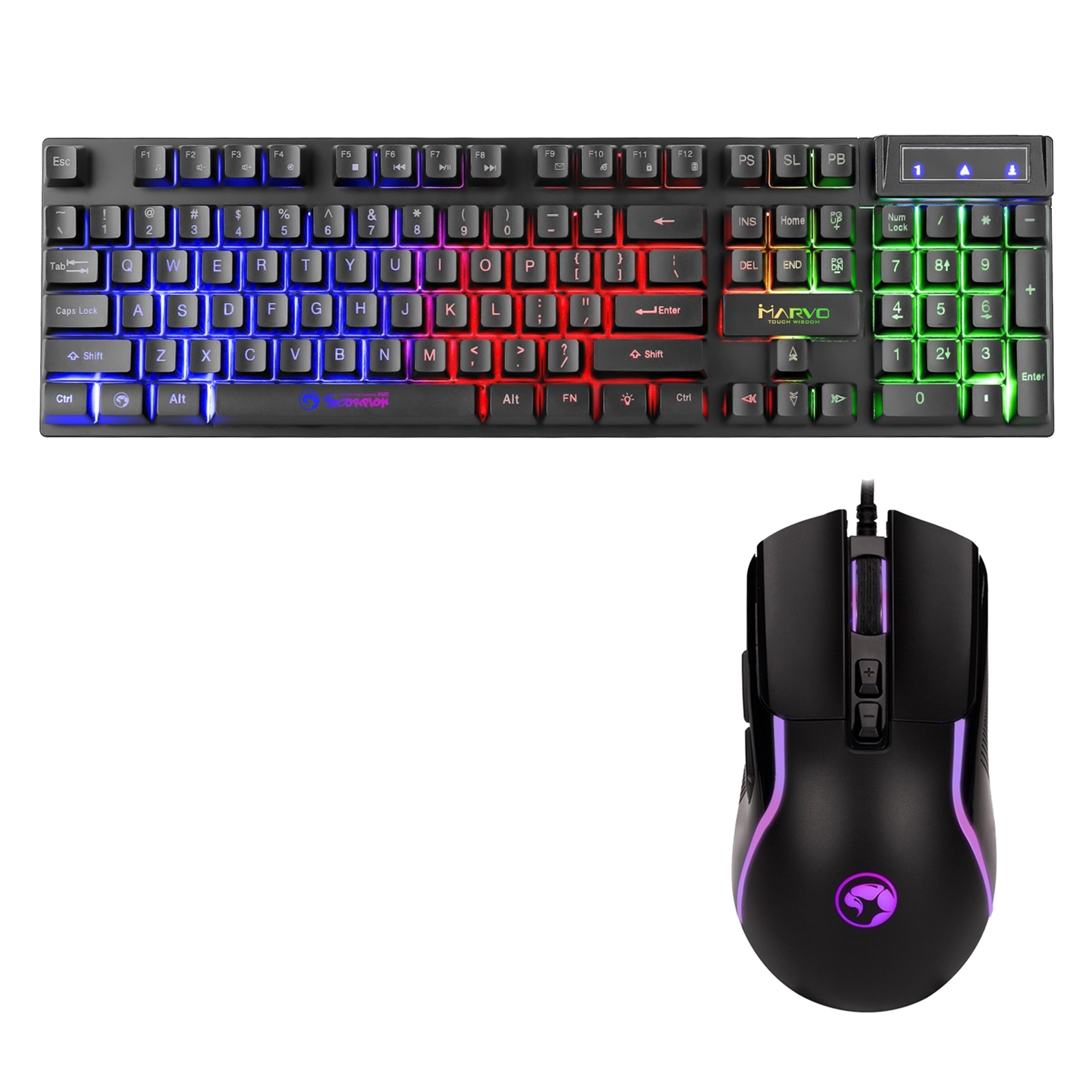(image for) Marvo Scorpion Keyboard and Mouse Bundle featuring Marvo Scorpion K605 3 Colour LED Backlit USB 2.0 Frameless UK Layout Gaming Keyboard & Marvo Scorpion M292 Capo 20 USB RGB Programmable Gaming Mouse