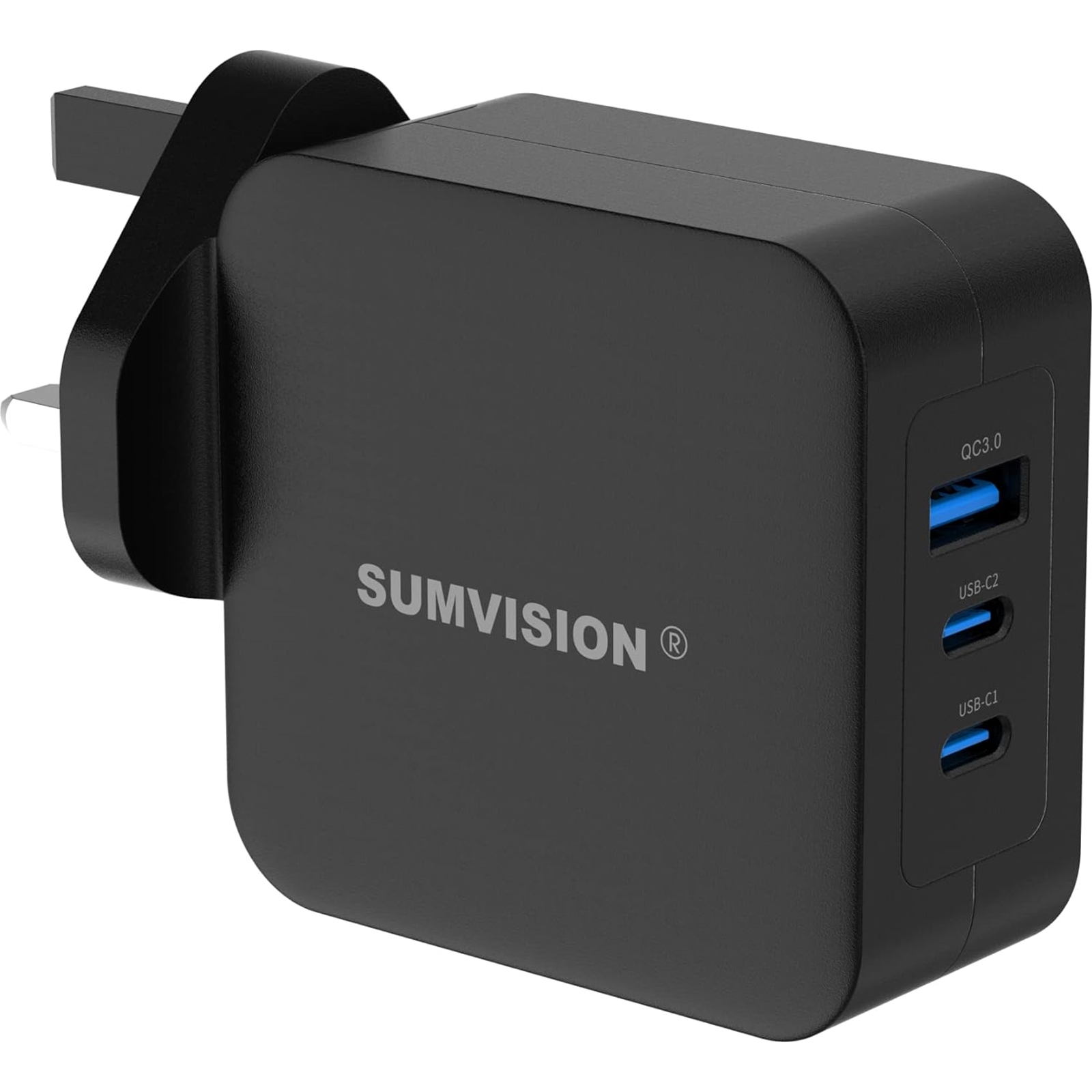 (image for) SUMVISION Universal 3 Port USB Black Laptop Wall Charger, 65W, GaN, Multiport USB Connections with Type-C, USB-A QC 3.0 Fast Charge & USB-A, Includes UK Plug, Suitable for USB-C Laptop Charging, UK Design and Free UK Tech Support