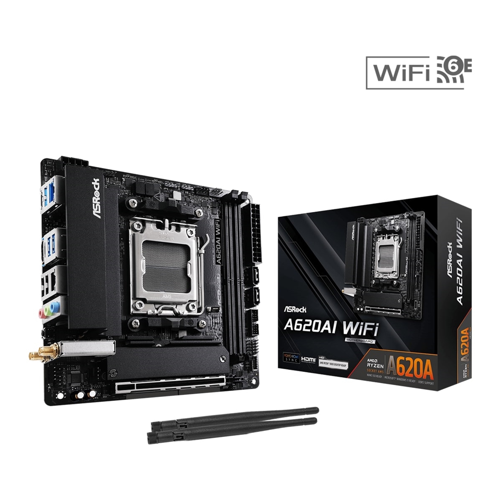 ASRock A620AI WIFI AMD AM5 Socket Motherboard, Mini-ITX, 2x DDR5 Slots, 2x M.2 Socket, 2.5GbE LAN, Wi-Fi 6E, 1x HDMI Port