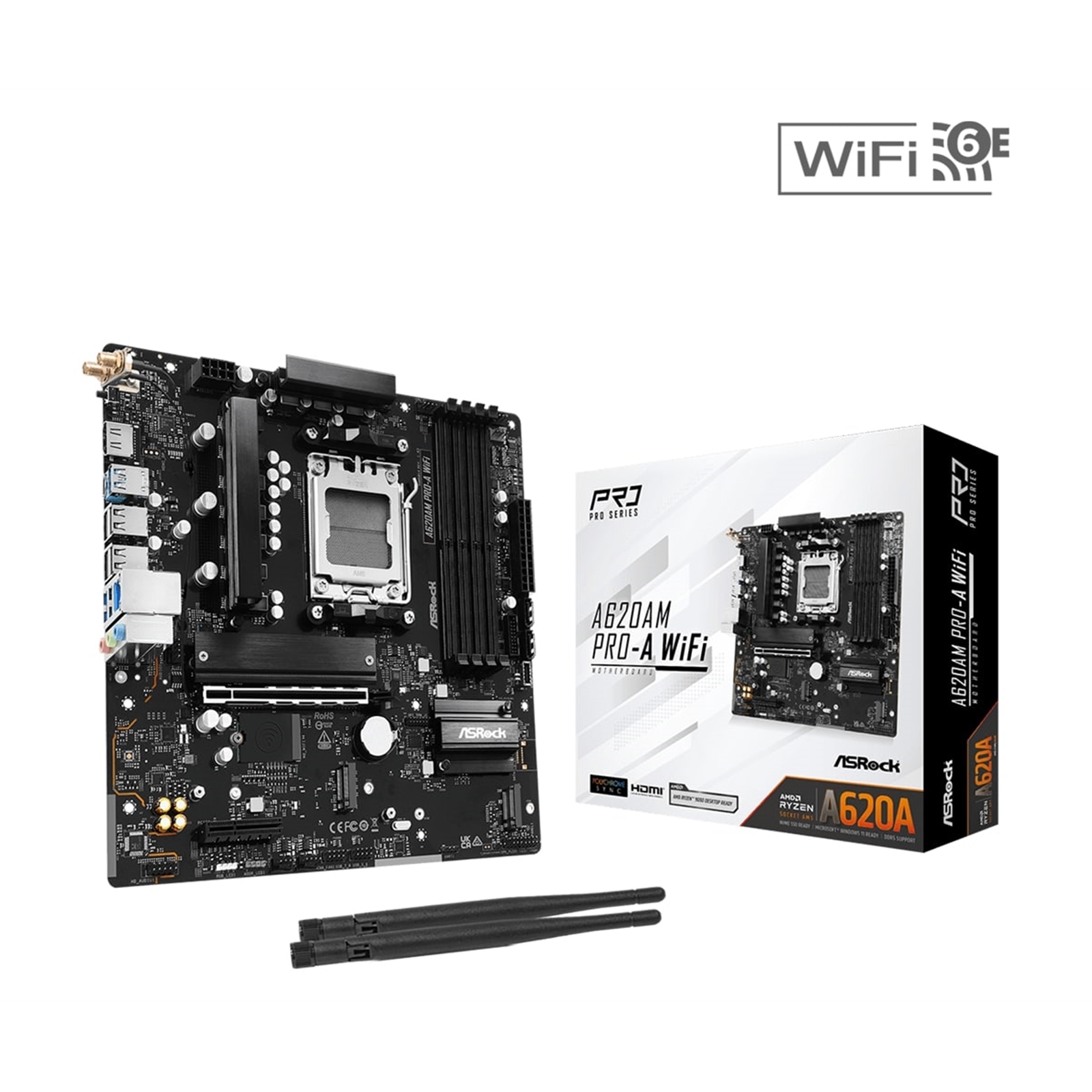 ASRock A620AM PRO-A WIFI AMD Socket AM5 Motherboard, 4 x DDR5 Slots, 3x M.2 Socket, 2.5GbE LAN, Wi-Fi 6E, 1x HDMI Port