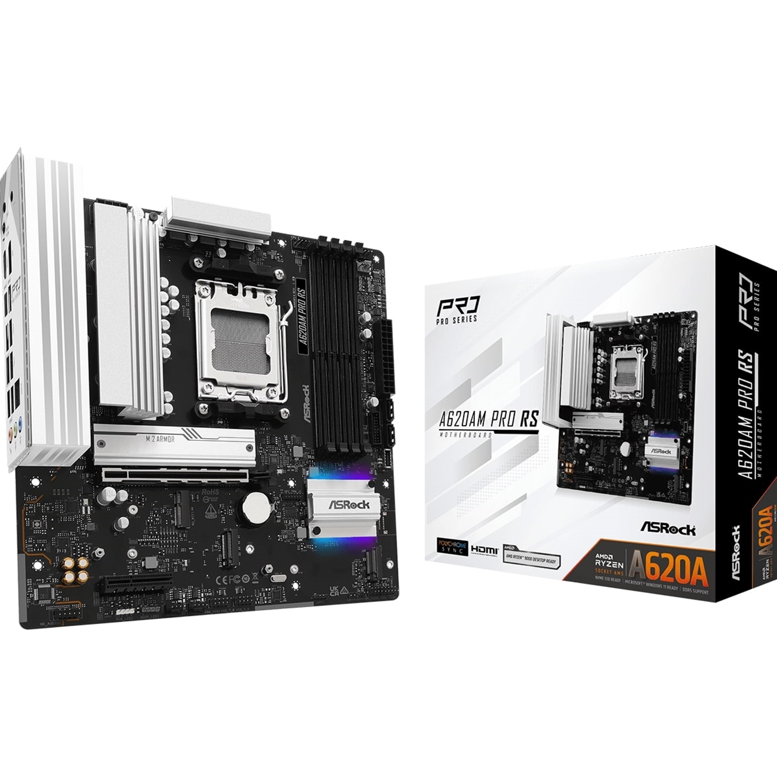 ASRock A620AM PRO RS AMD Socket AM5 Motherboard, 4x DDR5 Slots, 3x M.2 Socket, 2.5GbE LAN, 1x HDMI Port/ 1x DisplayPort 