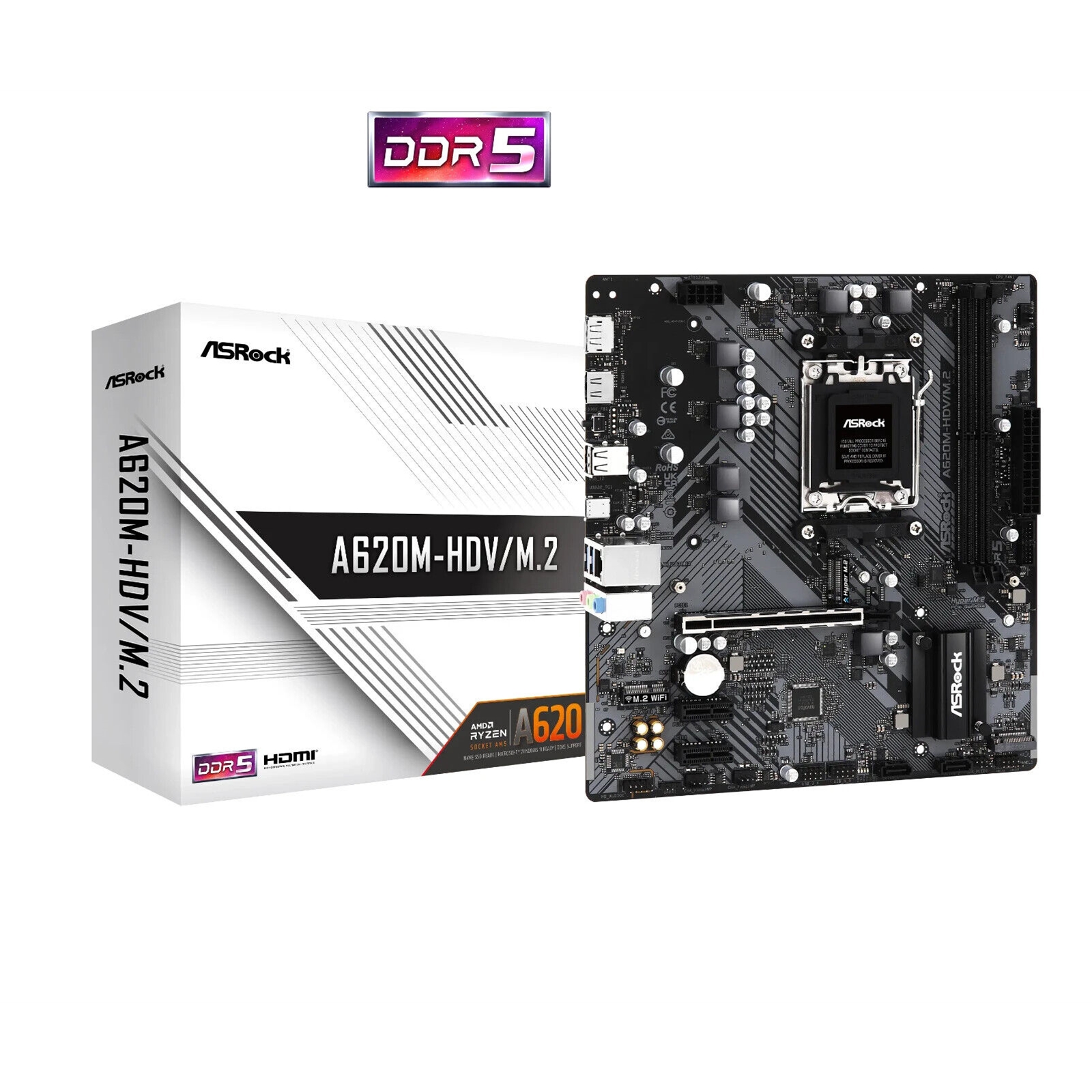 (image for) ASRock A620M-HDV/M.2 AMD AM5 Socket Motherboard, Micro-ATX, 2x DDR5 Slots, 1x M.2 Socket, GbE LAN, 1x DisplayPort / 1x HDMI Port