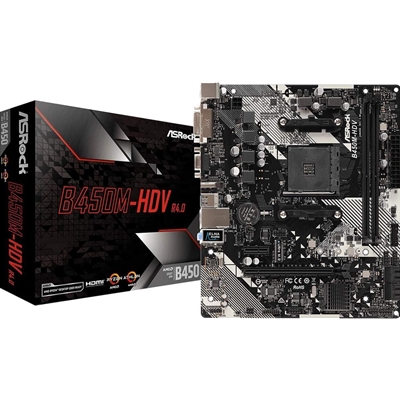 ASRock B450M-HDV R4.0 Super Alloy AMD AM4 Socket Motherboard, Micro-ATX, 2x DDR4 Slots, 1x M.2 Socket, GbE LAN, 1x D-Sub / 1x DVI-D / 1x HDMI Port