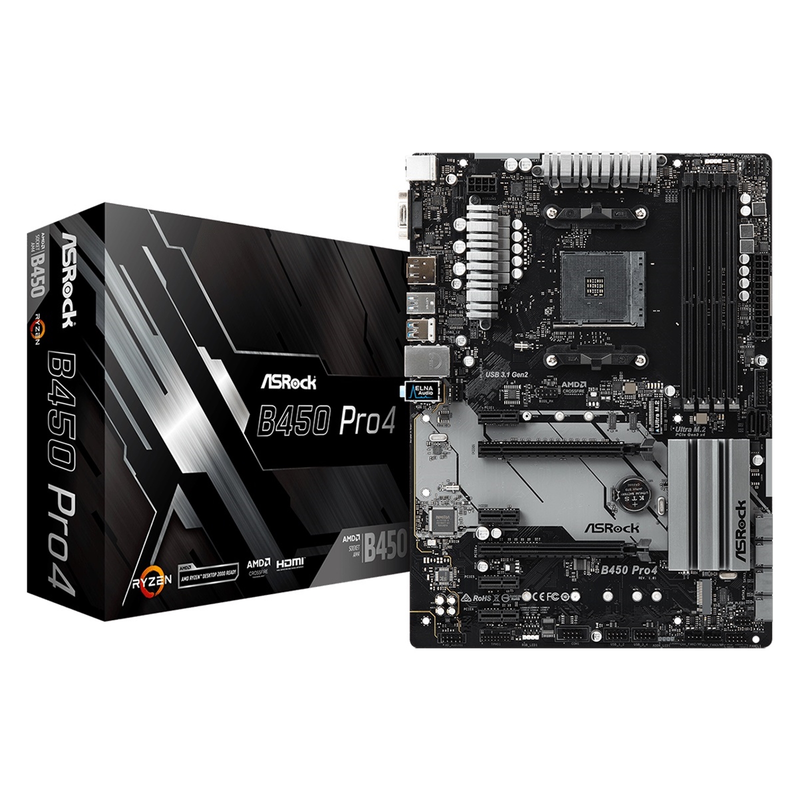 (image for) ASRock B450 Pro4 R2.0 Super Alloy AMD AM4 Socket Motherboard, ATX, 4x DDR4 Slots, 2x M.2 Sockets, GbE LAN, 1x D-Sub / 1x DisplayPort / 1x HDMI Port