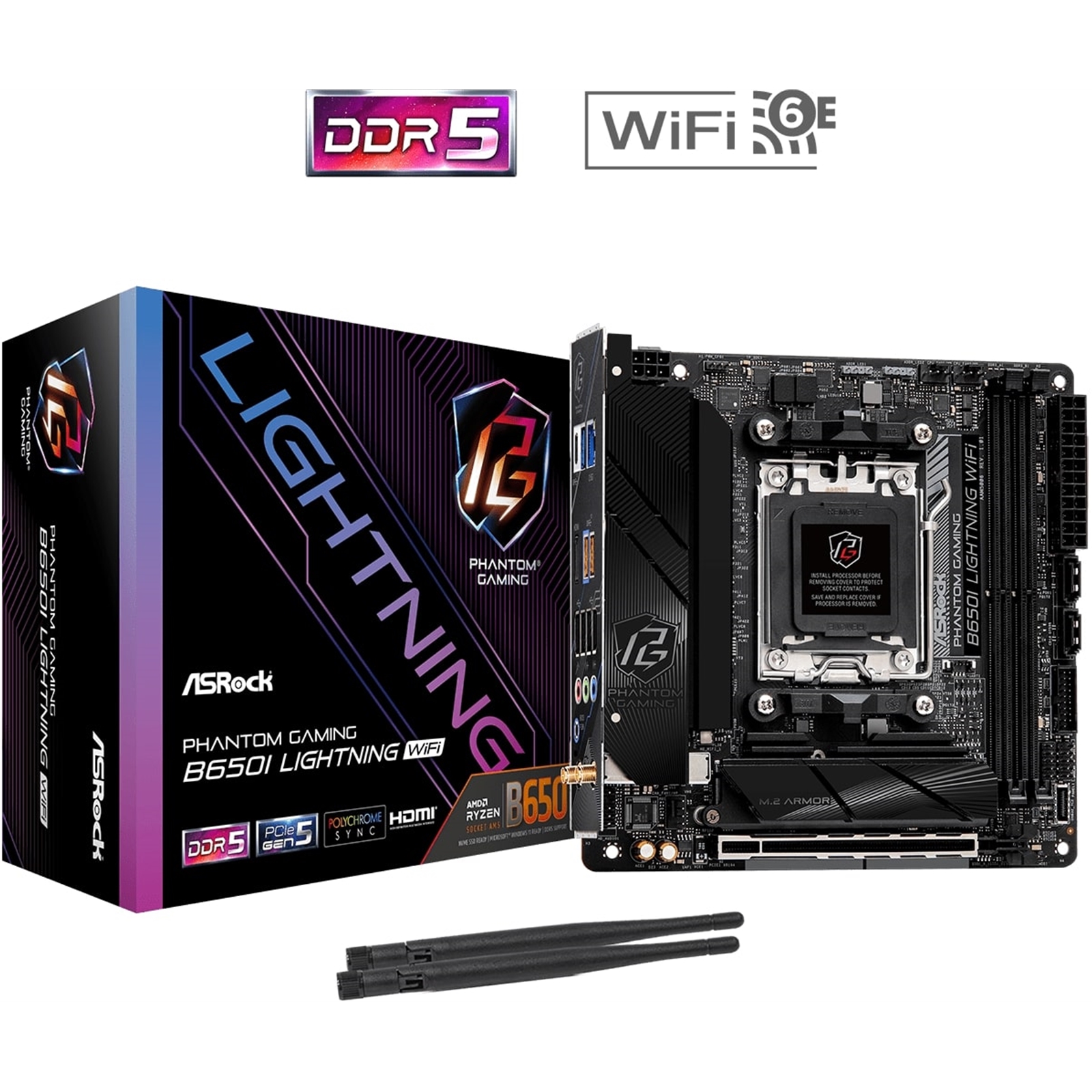 (image for) ASRock B650I LIGHTNING WIFI AMD AM5 Socket Motherboard, Mini-ITX, 2x DDR5 Slots, 2x M.2 Sockets, 2x USB-C Port, Fitted I/O Shield, 2.5GbE LAN, Wi-Fi 6E, 1x HDMI Port