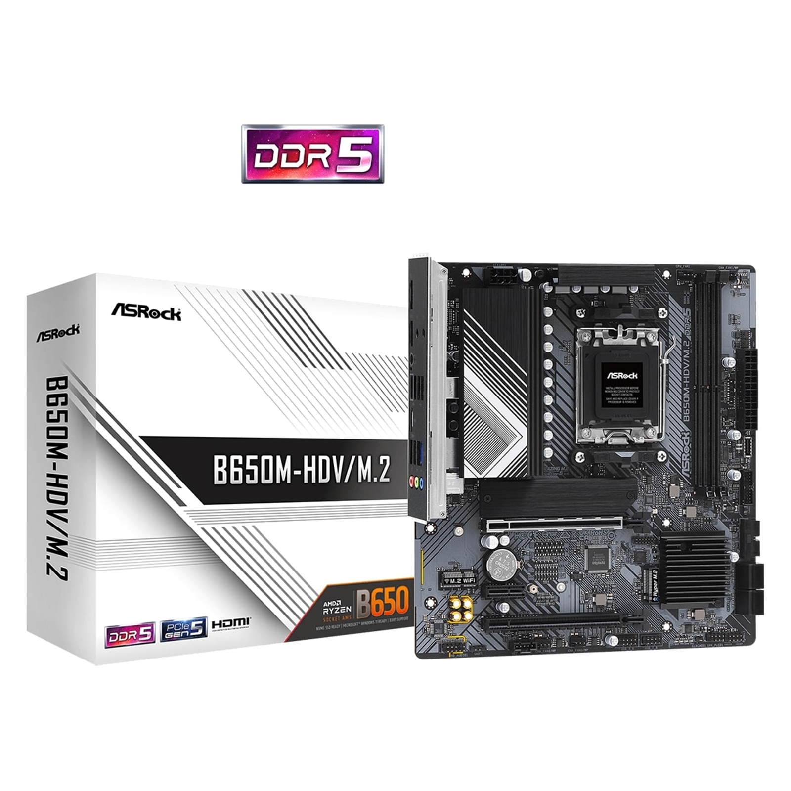 (image for) ASRock B650M-HDV/M.2 AMD AM5 Socket Motherboard, Micro-ATX, 2x DDR5 Slots, 3x M.2 Sockets, 2x USB-C Port, Fitted I/O Shield, 2.5GbE LAN, 1x DisplayPort / 1x HDMI Port