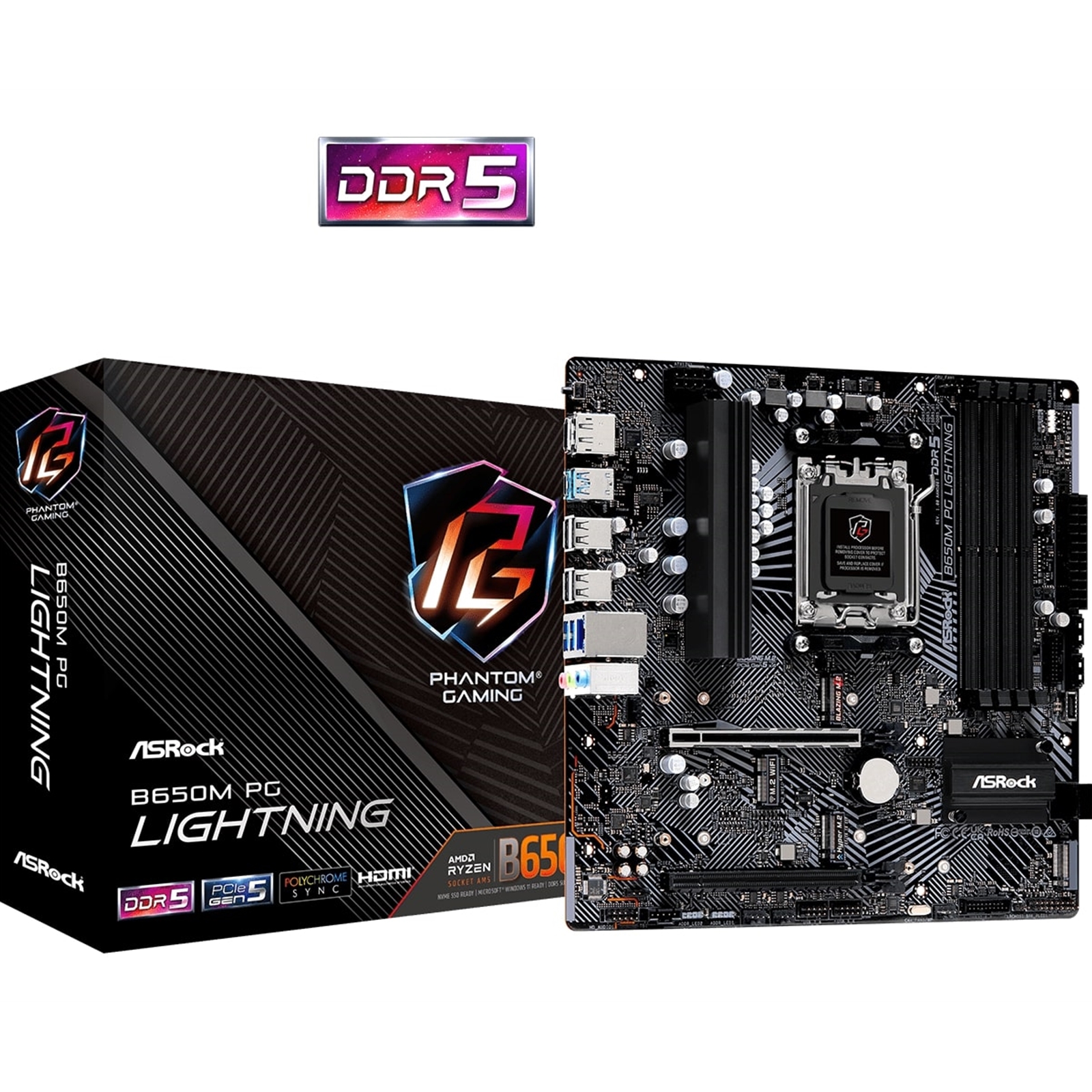 (image for) ASRock B650M PG Lightning AMD AM5 Socket Motherboard, Micro-ATX, 4x DDR5 Slots, 3x M.2 Sockets, 1x USB-C Port, 2.5GbE LAN, 1x DisplayPort / 1x HDMI Port