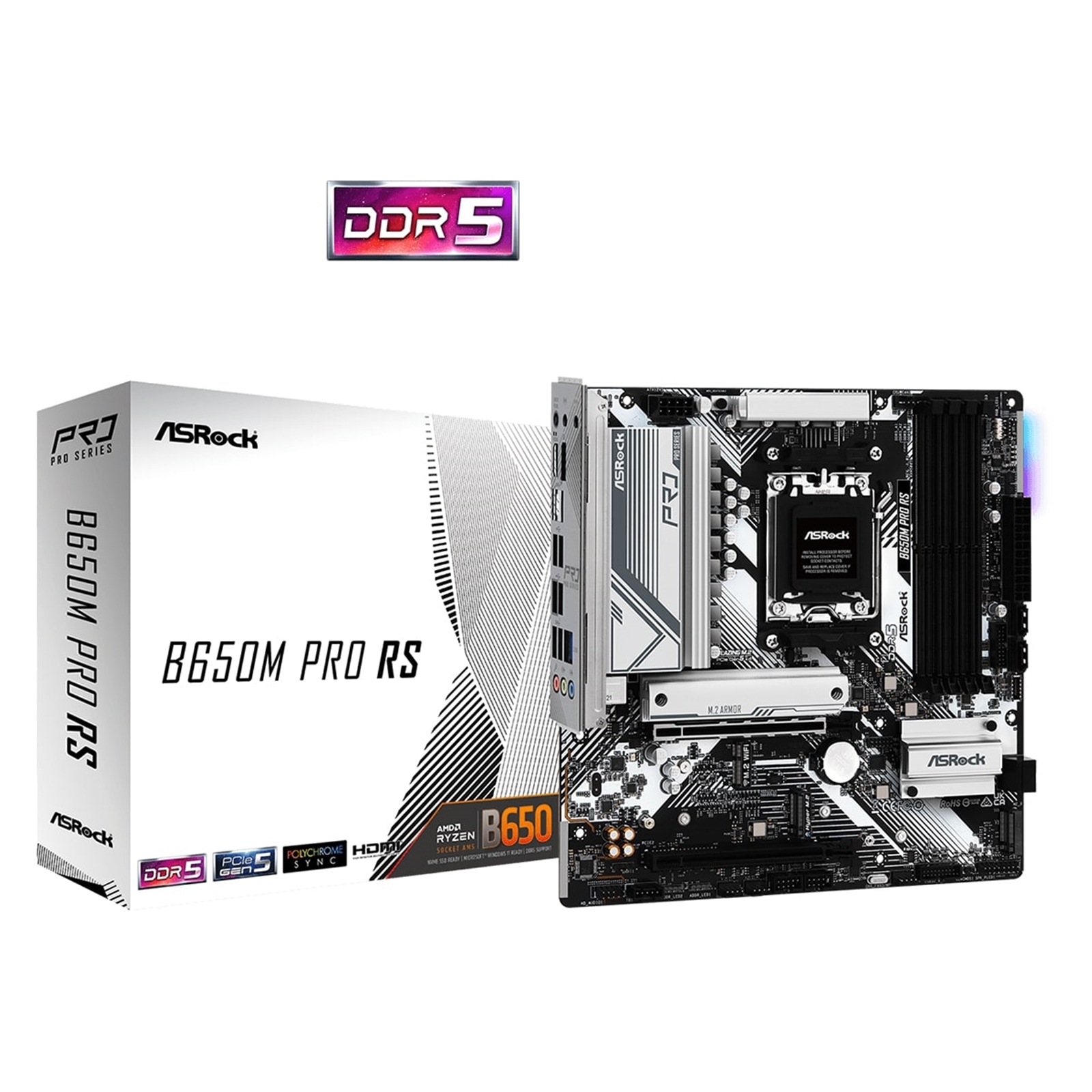 (image for) ASRock B650M Pro RS AMD AM5 Socket Motherboard, Micro-ATX, 4x DDR5 Slots, 3x M.2 Sockets, 2x USB-C Port, Fitted I/O Shield, 2.5GbE LAN, 1x DisplayPort / 1x HDMI Port