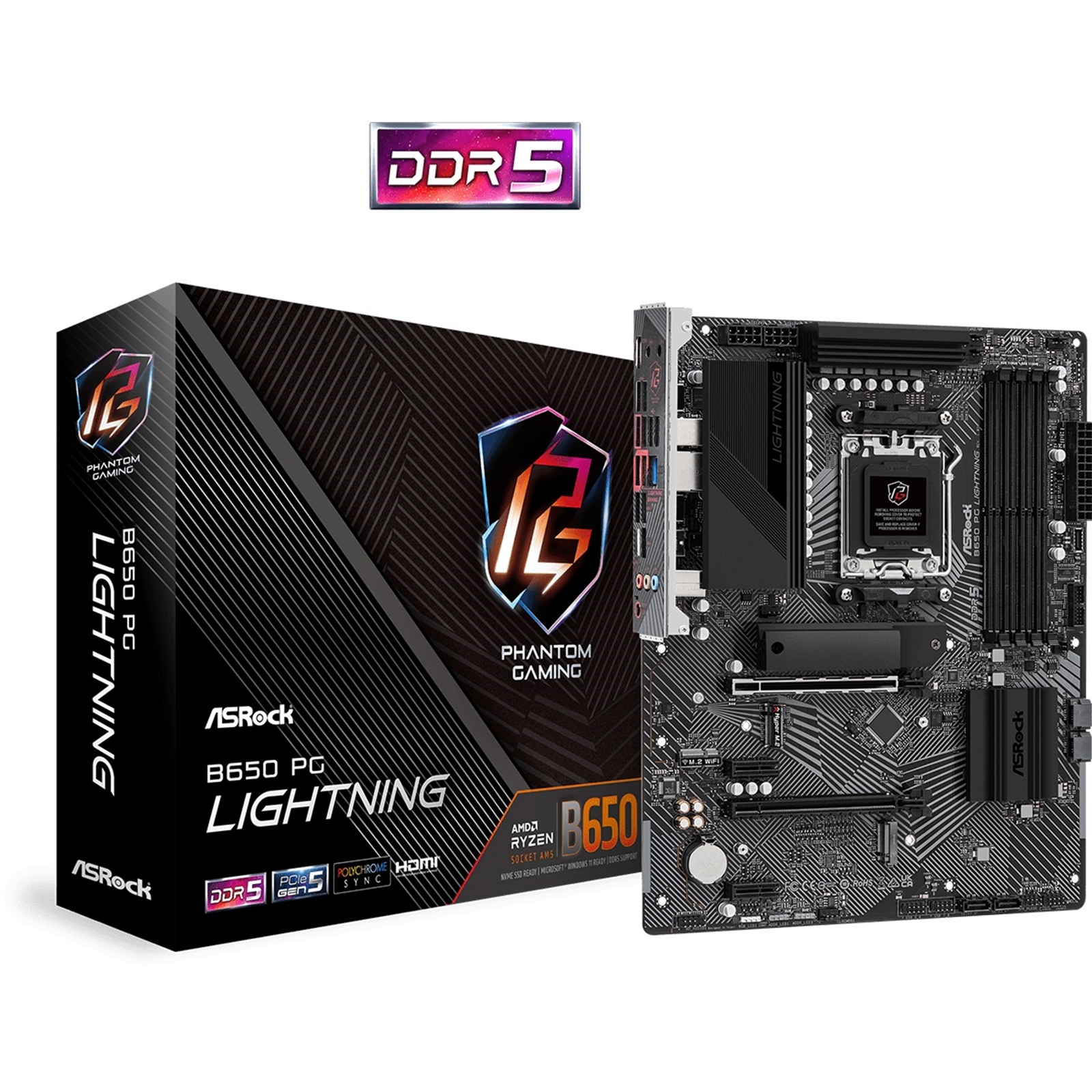 (image for) ASRock B650 PG Lightning AMD AM5 Socket Motherboard, ATX, 4x DDR5 Slots, 4x M.2 Sockets, 2x USB-C Port, Fitted I/O Shield, 2.5GbE LAN, 1x HDMI Port