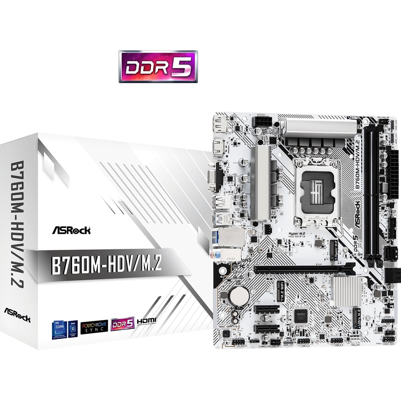 (image for) ASRock B760M-HDV/M.2 Intel 1700 Socket Motherboard, Micro-ATX, 2x DDR5 Slots, 3x M.2 Sockets, 1x USB-C Port, 2.5GbE LAN, 1x D-Sub / 1x DisplayPort / 1x HDMI Port