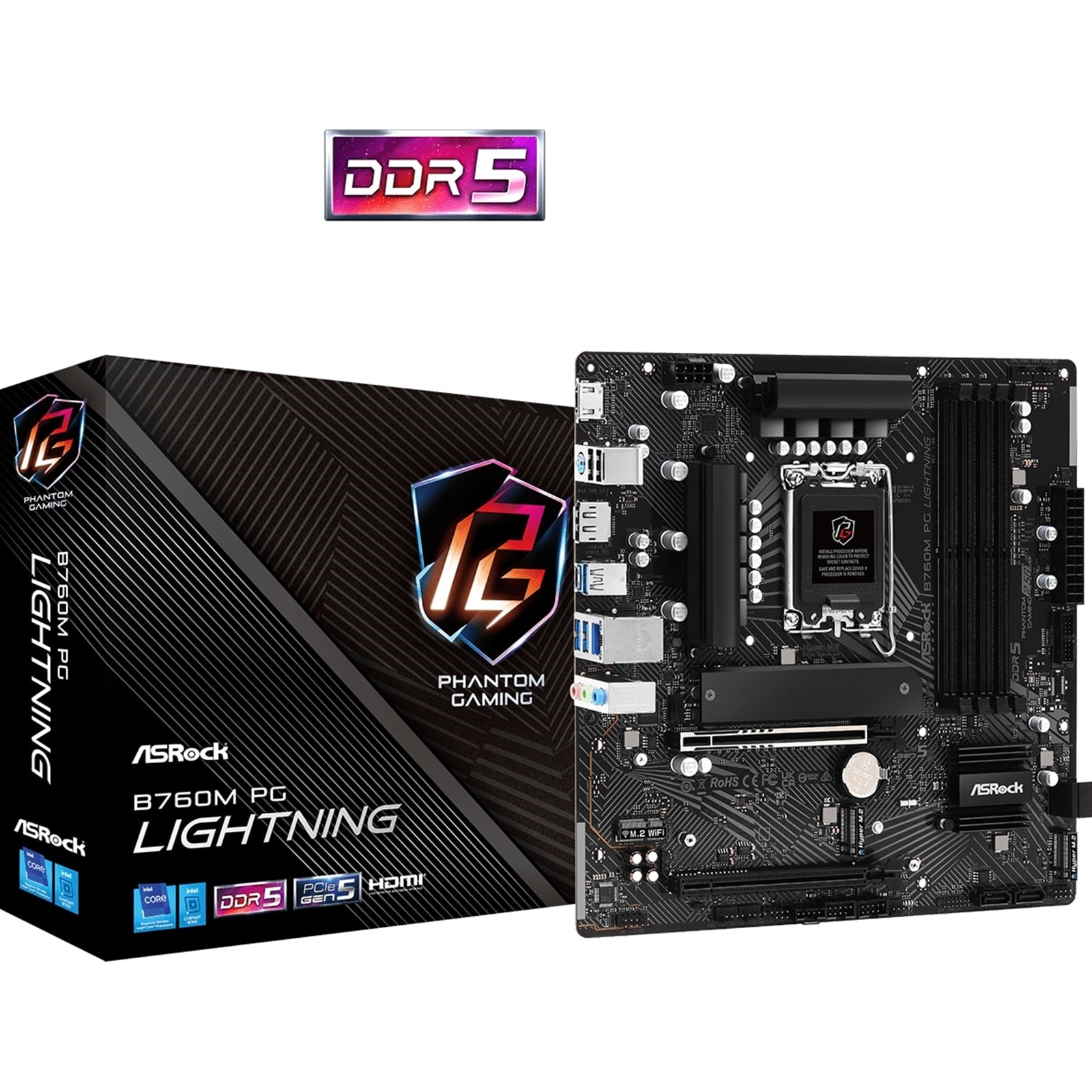 (image for) ASRock B760M PG Lightning Intel 1700 Socket Motherboard, Micro-ATX, 4x DDR5 Slots, 4x M.2 Sockets, 1x USB-C Port, 2.5GbE LAN, 1x DisplayPort / 1x HDMI Port