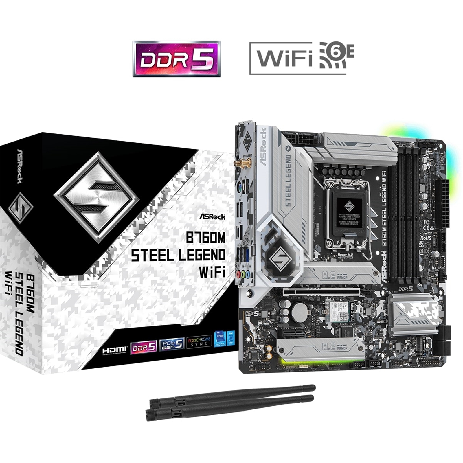 (image for) ASRock B760M Steel Legend WiFi Intel 1700 Socket Motherboard, Micro-ATX, 4x DDR5 Slots, 4x M.2 Sockets, 2x USB-C Port, Fitted I/O Shield, 2.5GbE LAN, Wi-Fi 6E, 1x DisplayPort / 1x HDMI Port