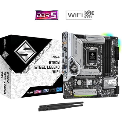 ASRock B760M Steel Legend WiFi Intel 1700 Socket Motherboard, Micro-ATX, 4x DDR5 Slots, 3x M.2 Sockets, Fitted I/O Shield, 2.5GbE LAN, Wi-Fi 6E, 1x DisplayPort / 1x HDMI Port