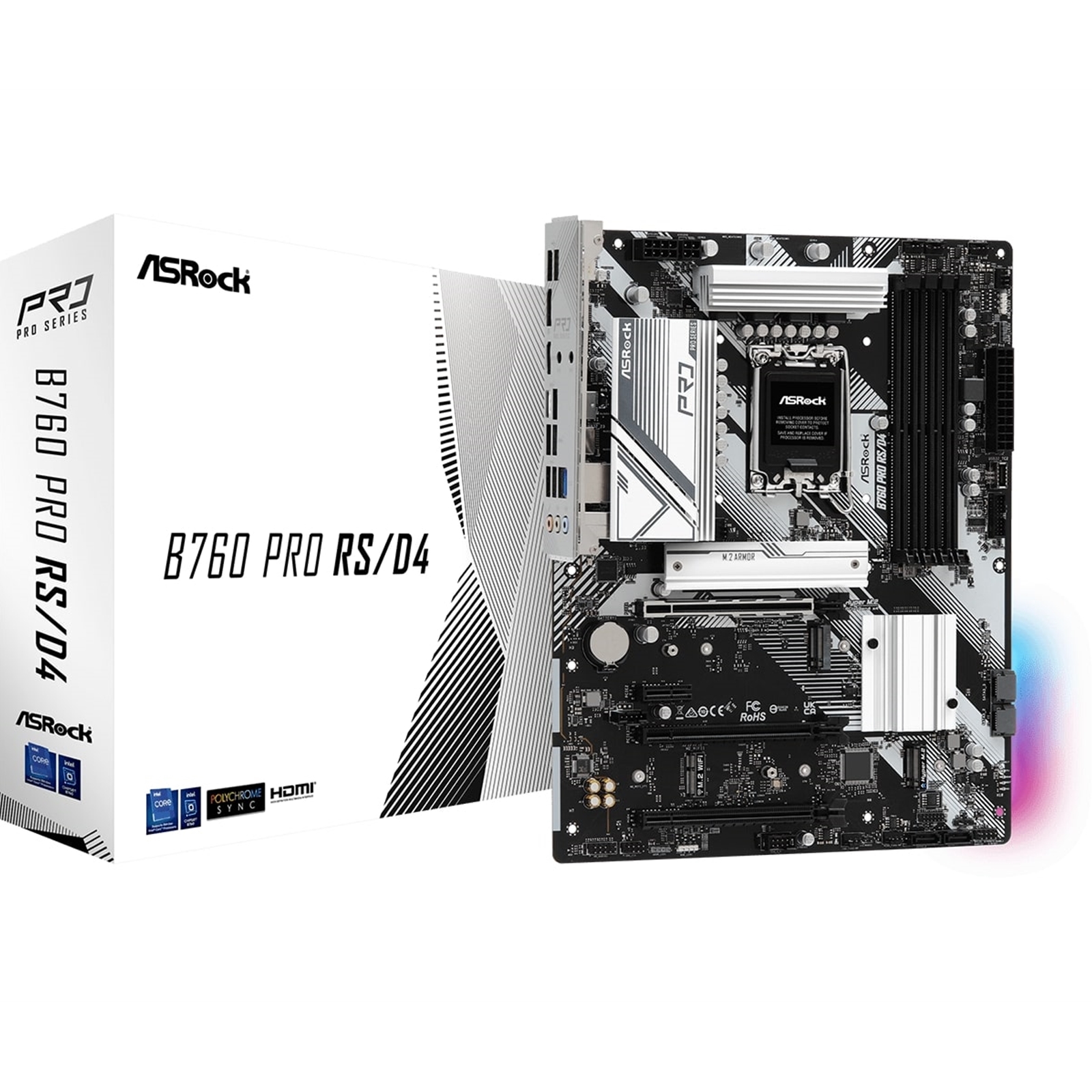 (image for) ASRock B760 Pro RS/D4 Intel 1700 Socket Motherboard, ATX, 4x DDR4 Slots, 4x M.2 Sockets, 2x USB-C Port, Fitted I/O Shield, 2.5GbE LAN, 1x DisplayPort / 1x HDMI Port